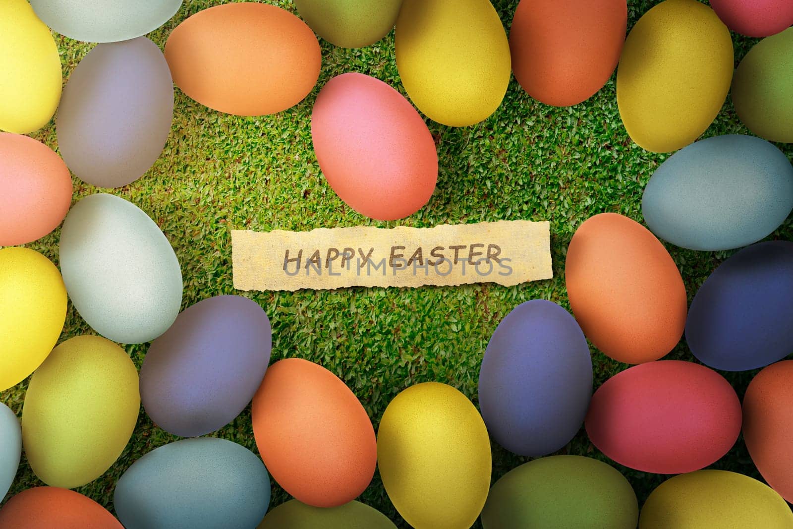 Colorful easter eggs with happy easter text on green grass