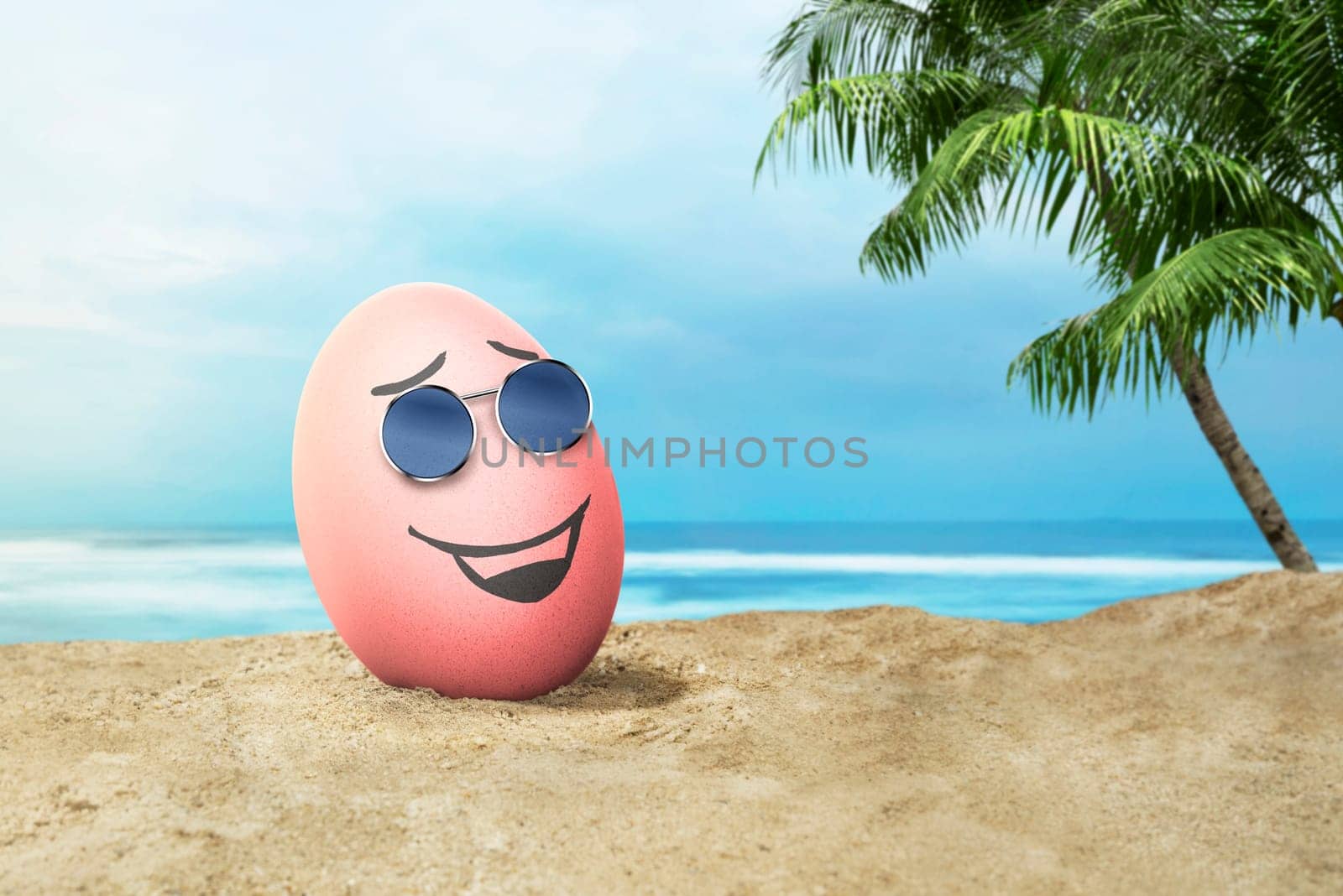 Happy easter eggs with sunglasses in the beach at sunset at day