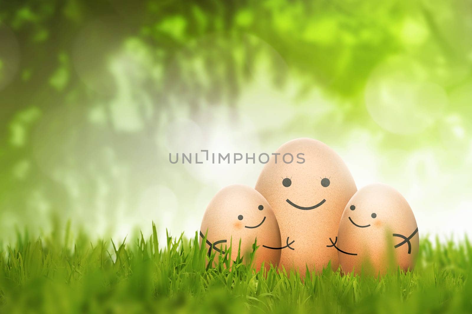 The big egg hugging small egg on the field over blurred background