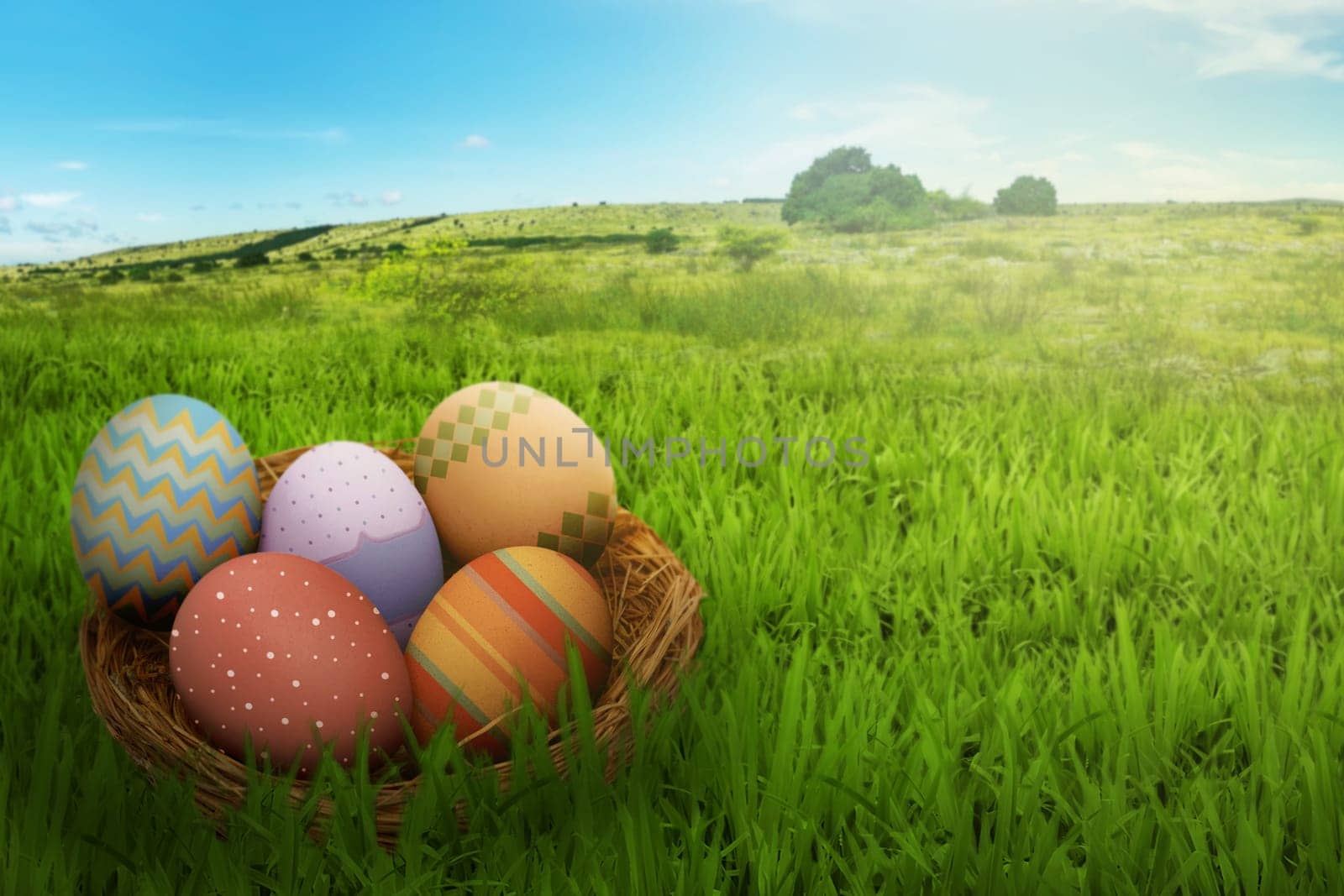 Easter eggs on nest in the green field against blue sky background