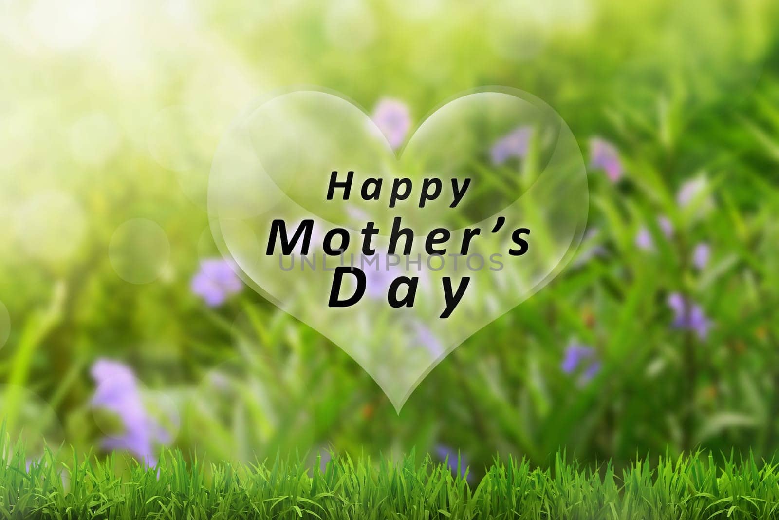Mothers day with heart shaped greeting on green field background