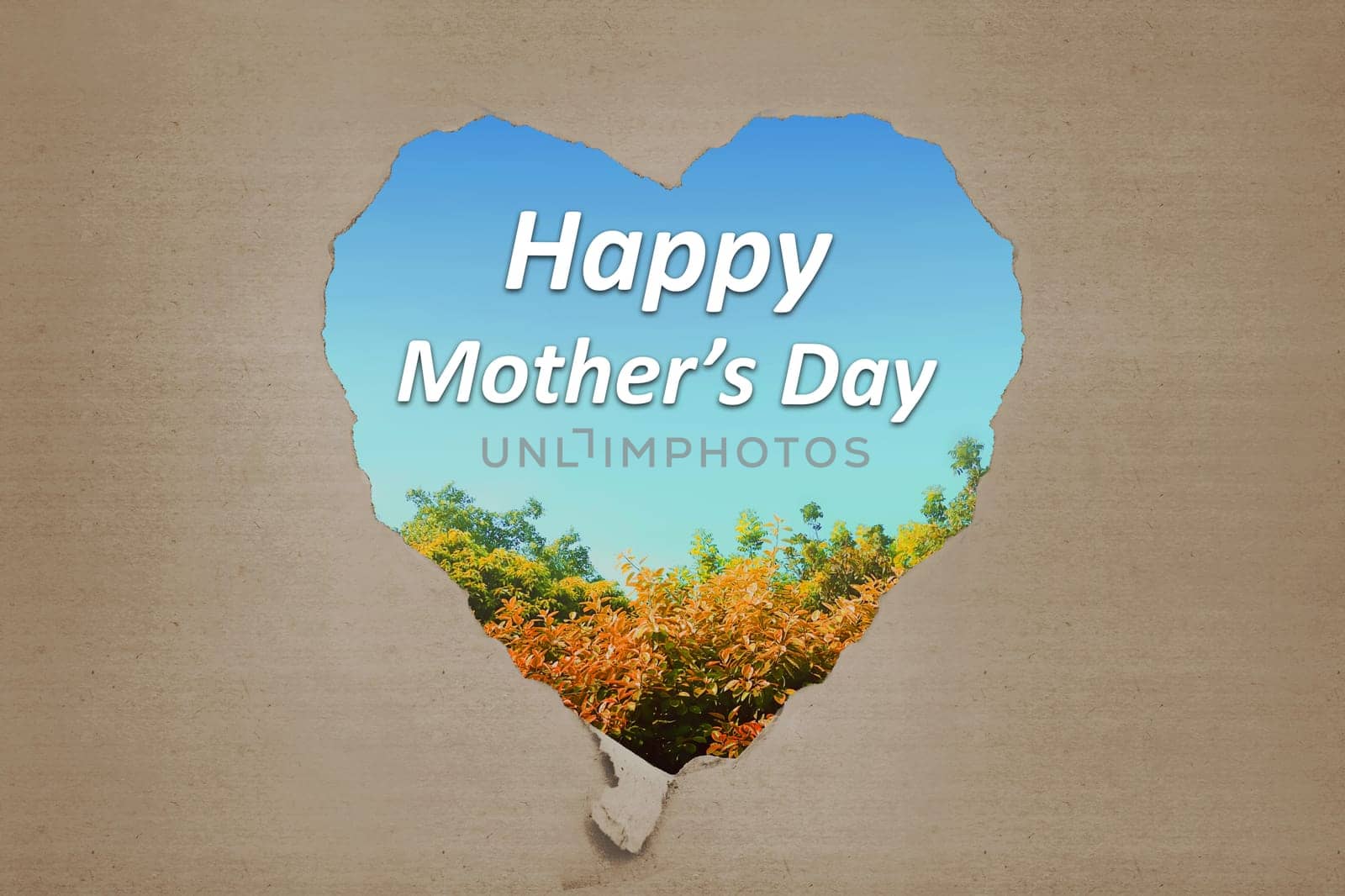Happy Mothers Day greetings from ripped carton written against natural background