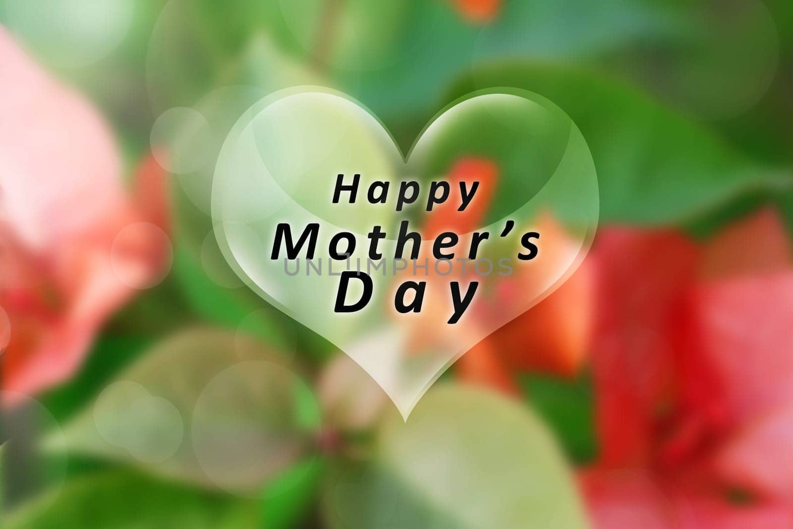 Happy Mothers Day message written on heart shape over blurred background