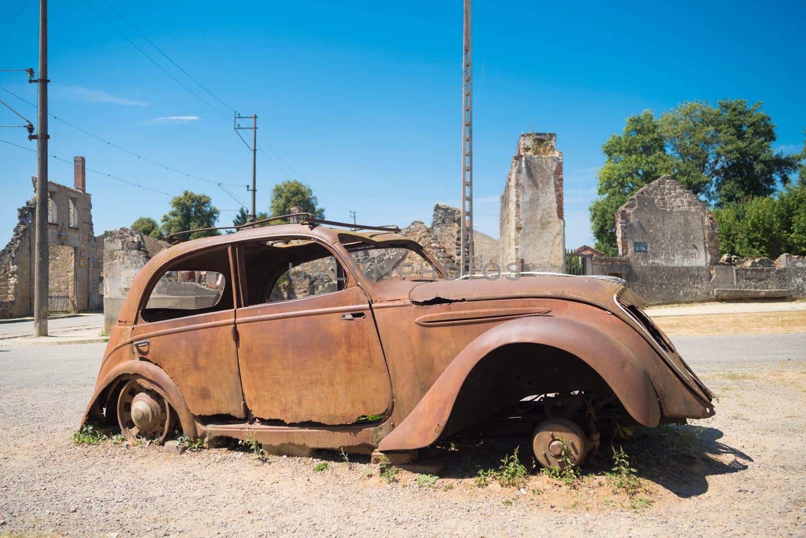 The ruins of Oradour-sur-glane, the by the nazis destroyed french village in WW2