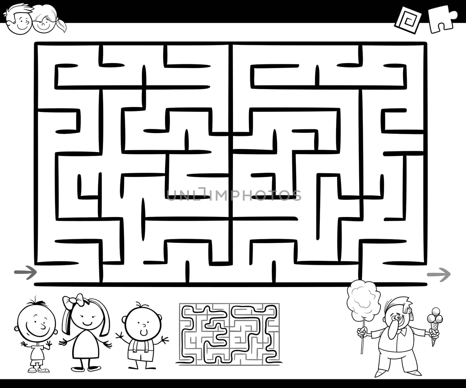 Cartoon Illustration of Education Maze or Labyrinth Game for Children with Kids Cotton Candy Seller Coloring Page