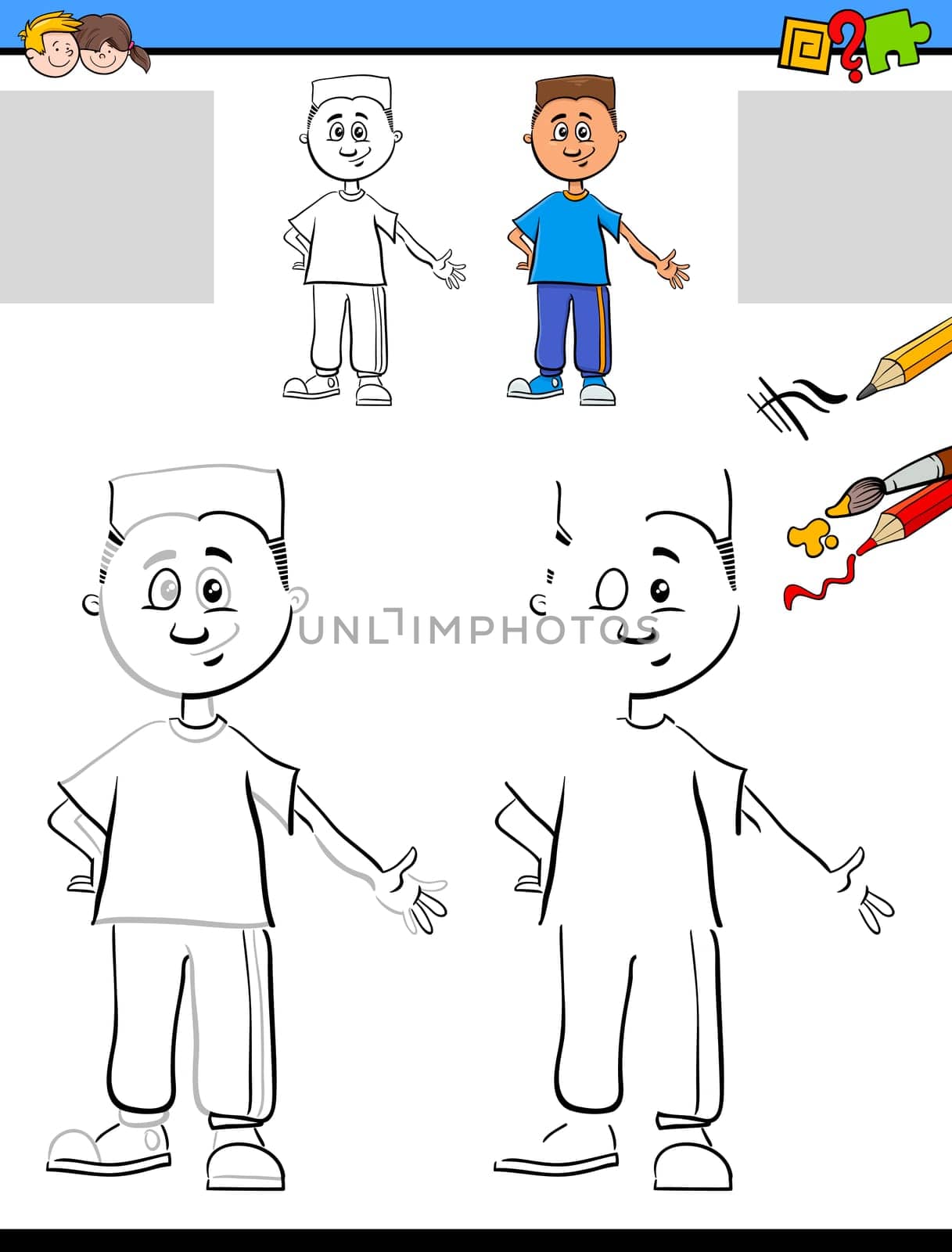 Cartoon Illustration of Drawing and Coloring Educational Activity for Preschool with Boy Character