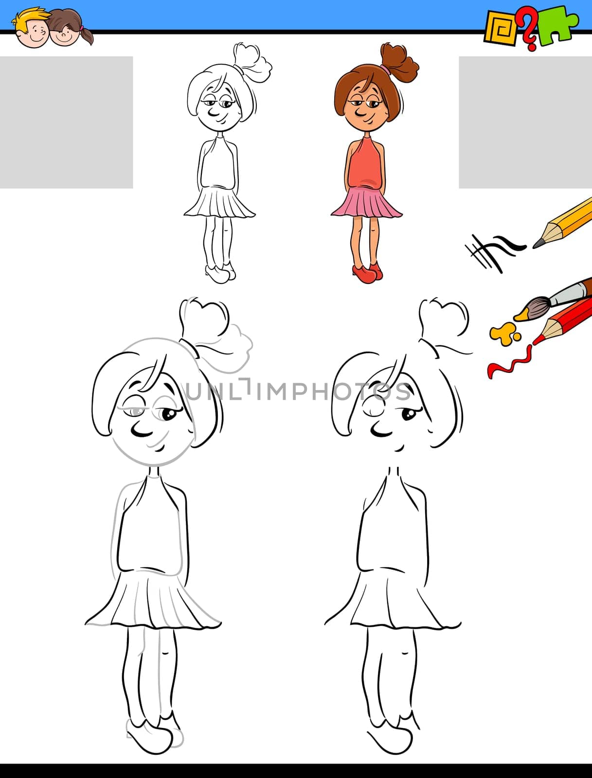 Cartoon Illustration of Drawing and Coloring Educational Activity for Preschool with Girl Character