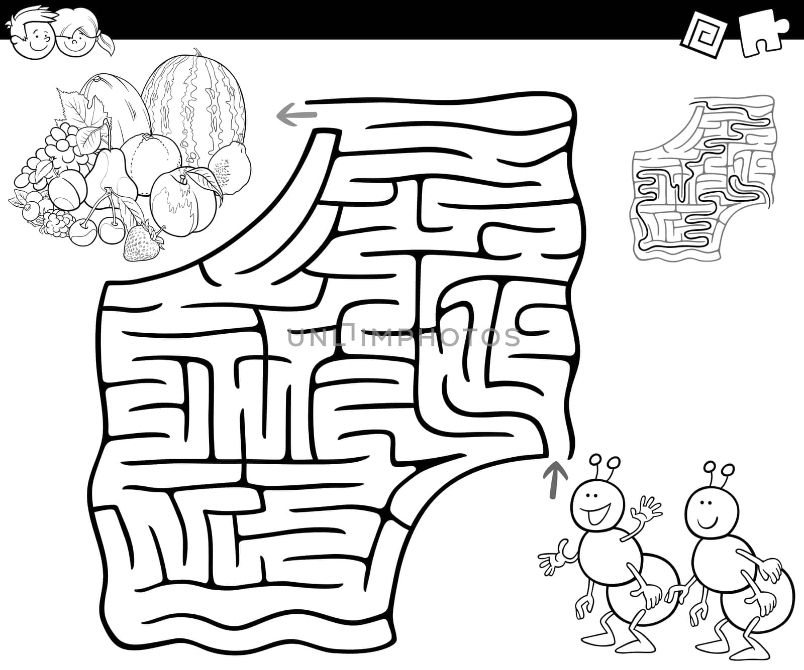 Cartoon Illustration of Education Maze or Labyrinth Game for Children with Ants and Fruits Coloring Page