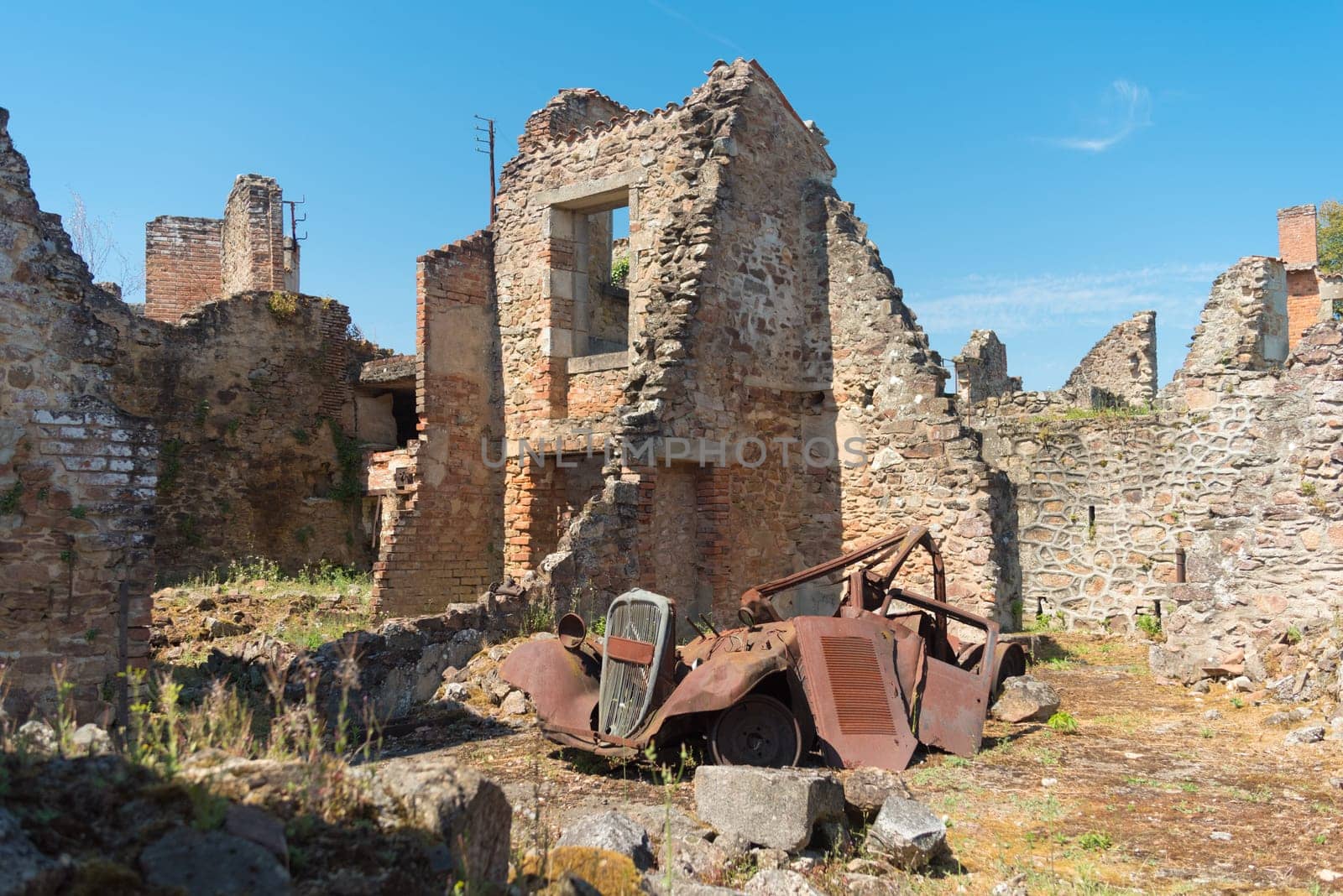 The ruins of Oradour-sur-glane, the by the nazis destroyed french village in WW2