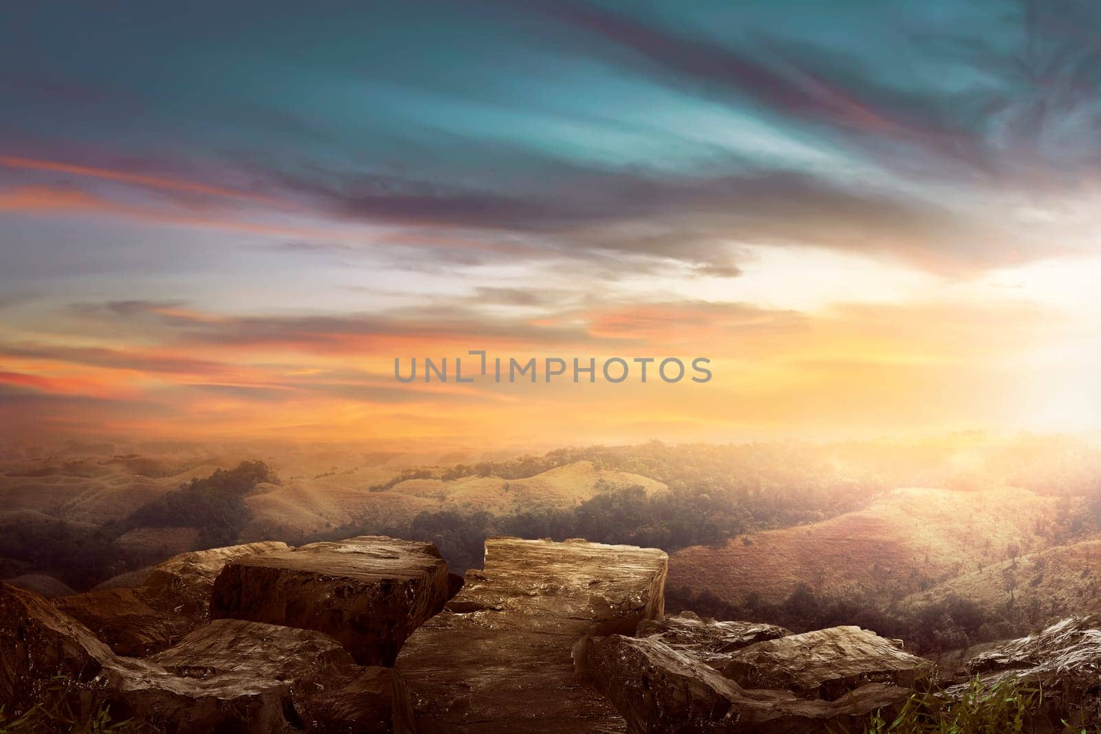 Landscape on the top of the hill looking wonderful scenery in mountains during sunset