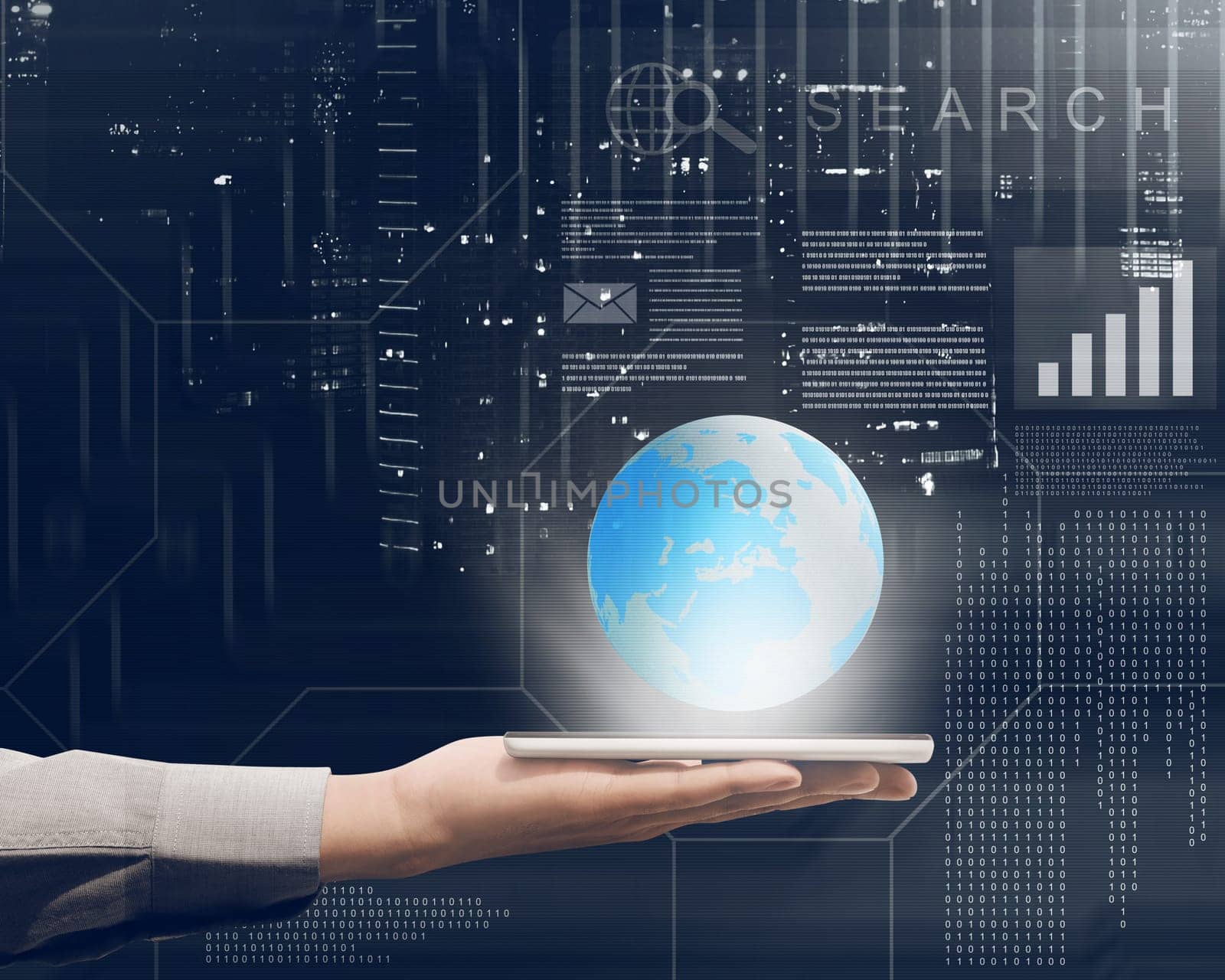 Businessman holding mobile phone in his hand with globe on it against futuristic technology background