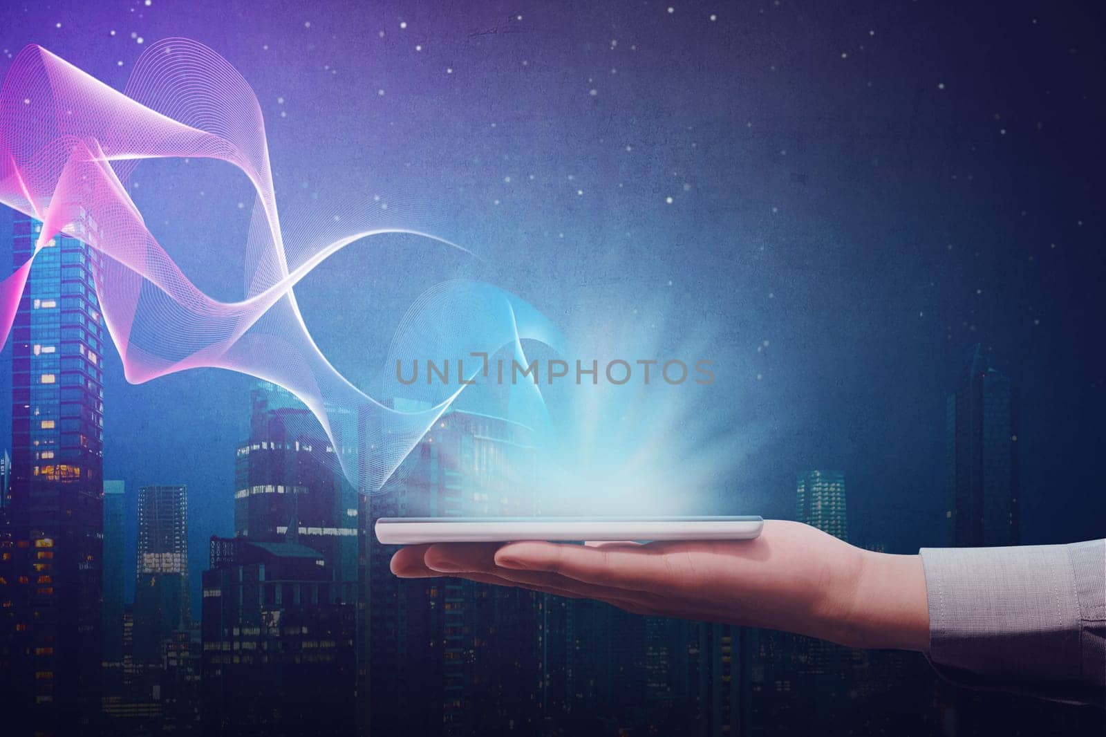 Businessman hand holding modern mobile phone in his hand with visual digital background