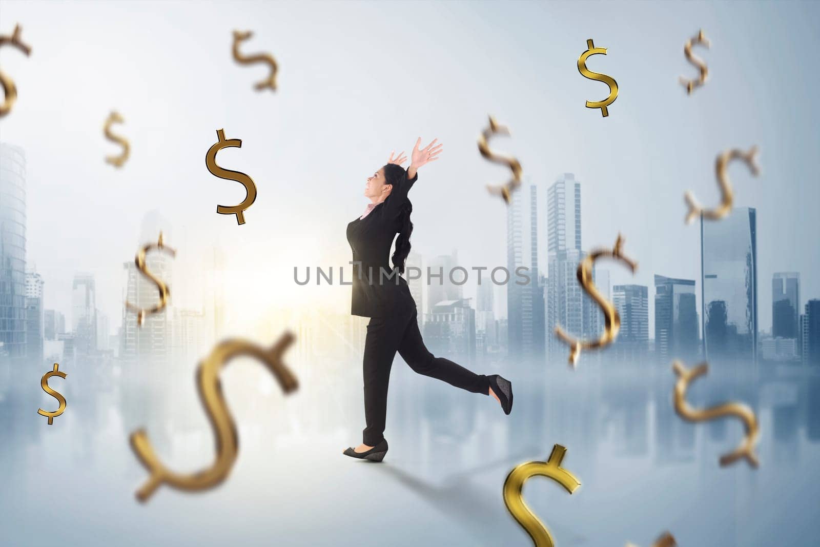 Happy asian business woman with falling money around her on futuristic background