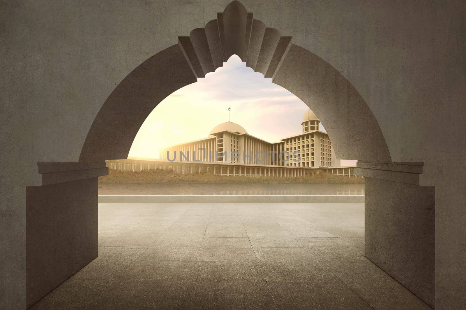 Gate with majestic mosque view during sunset