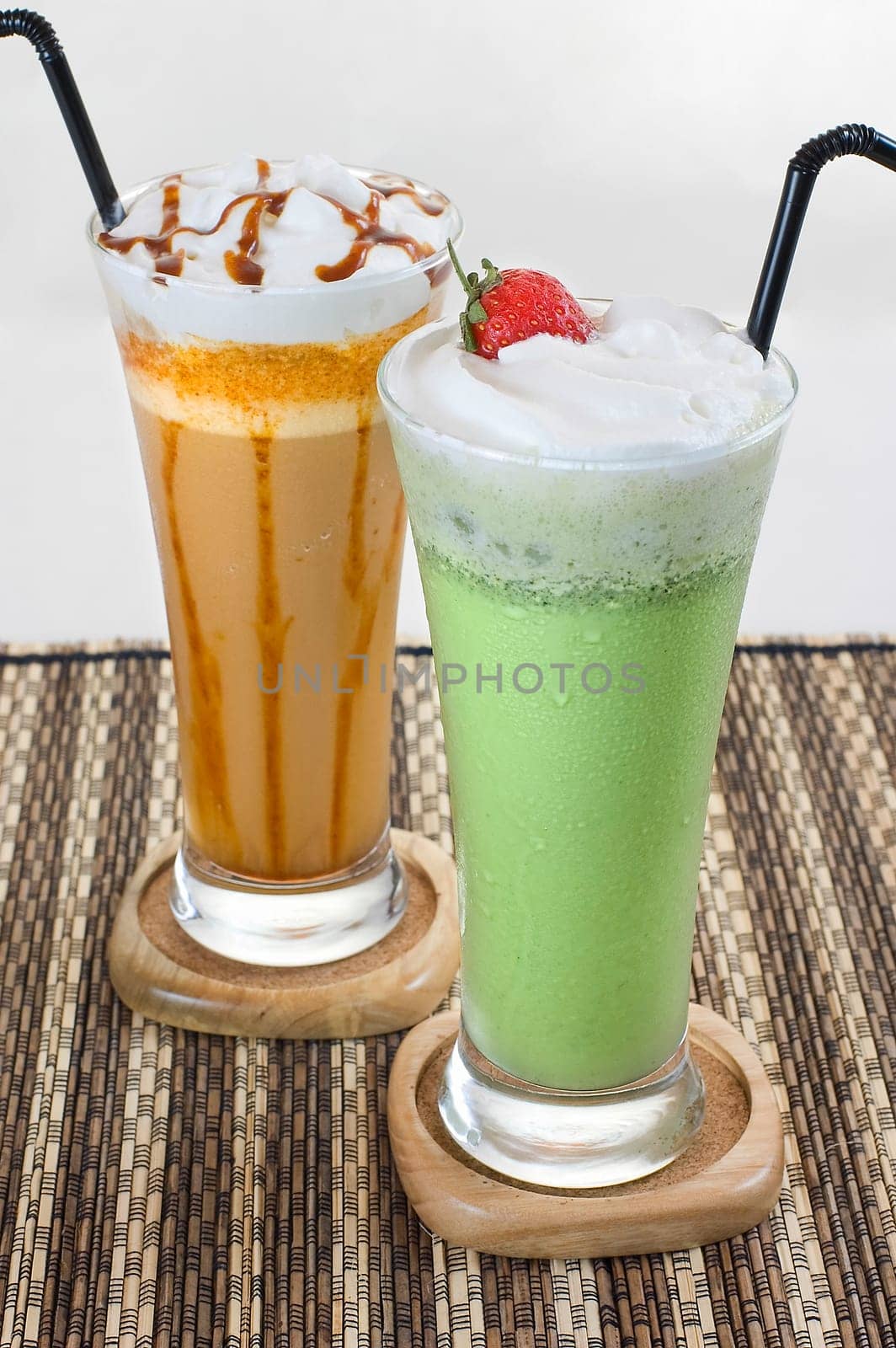 Mocca and Green tea smoothies served cold