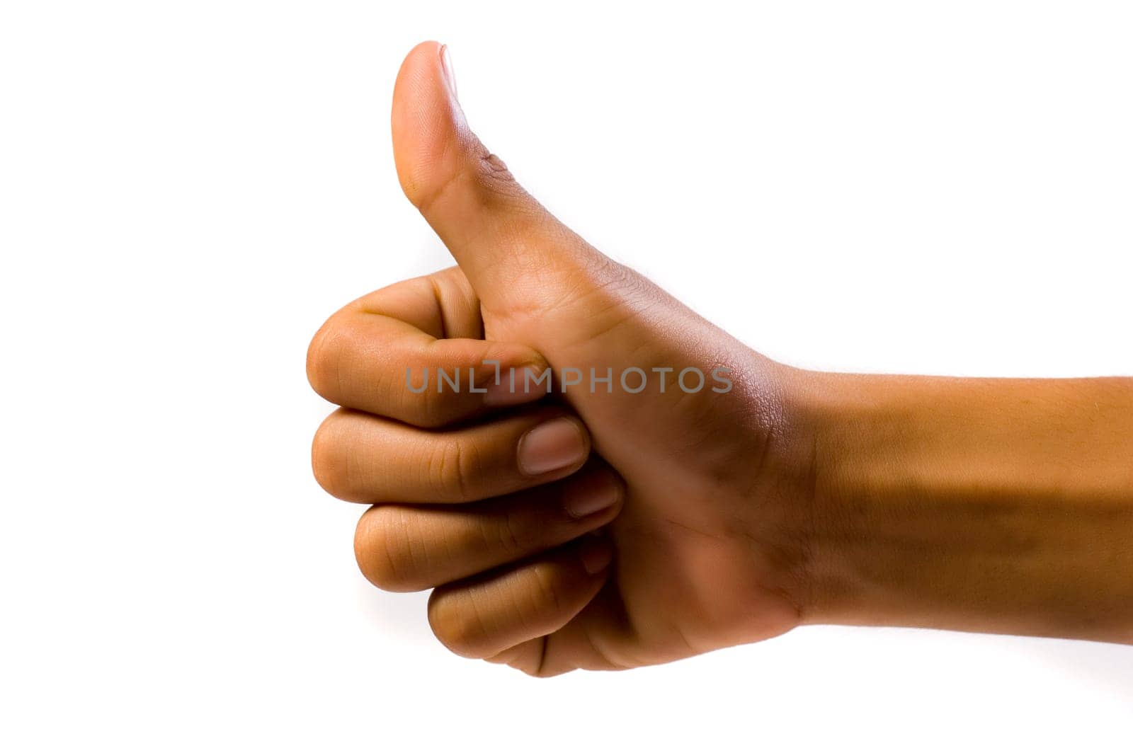 Human thumbs up on white background