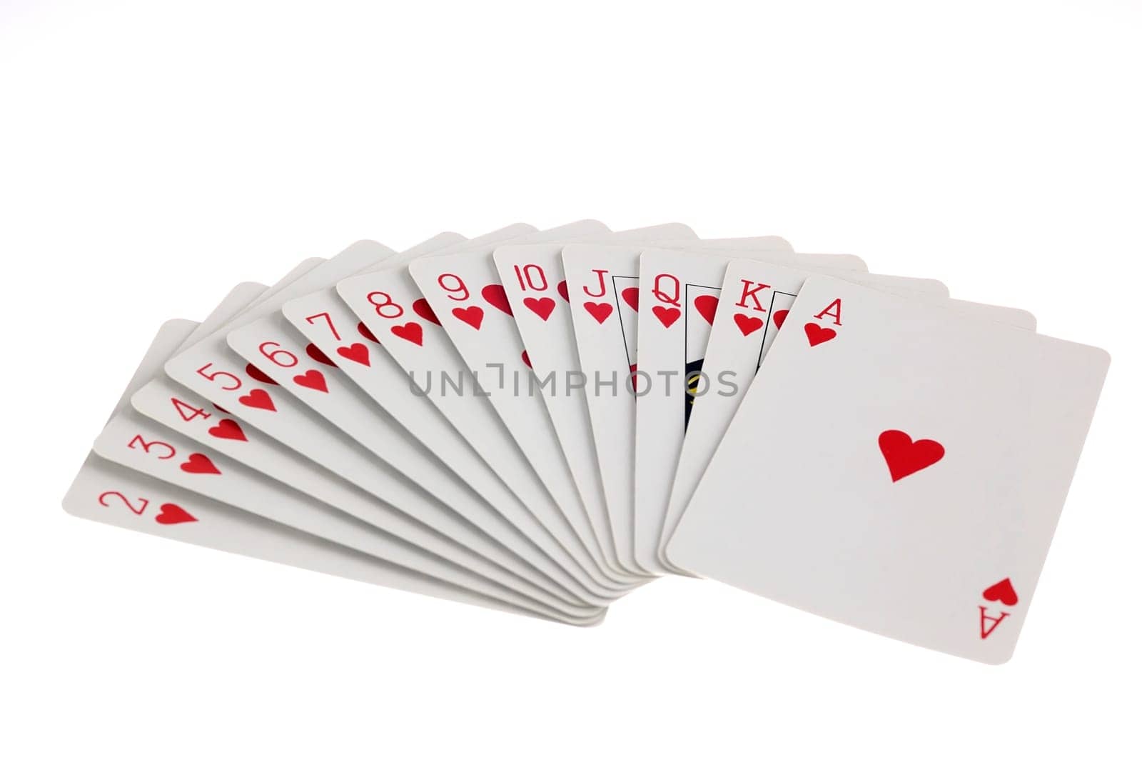 Full set of heart suit playing cards isolated on white background