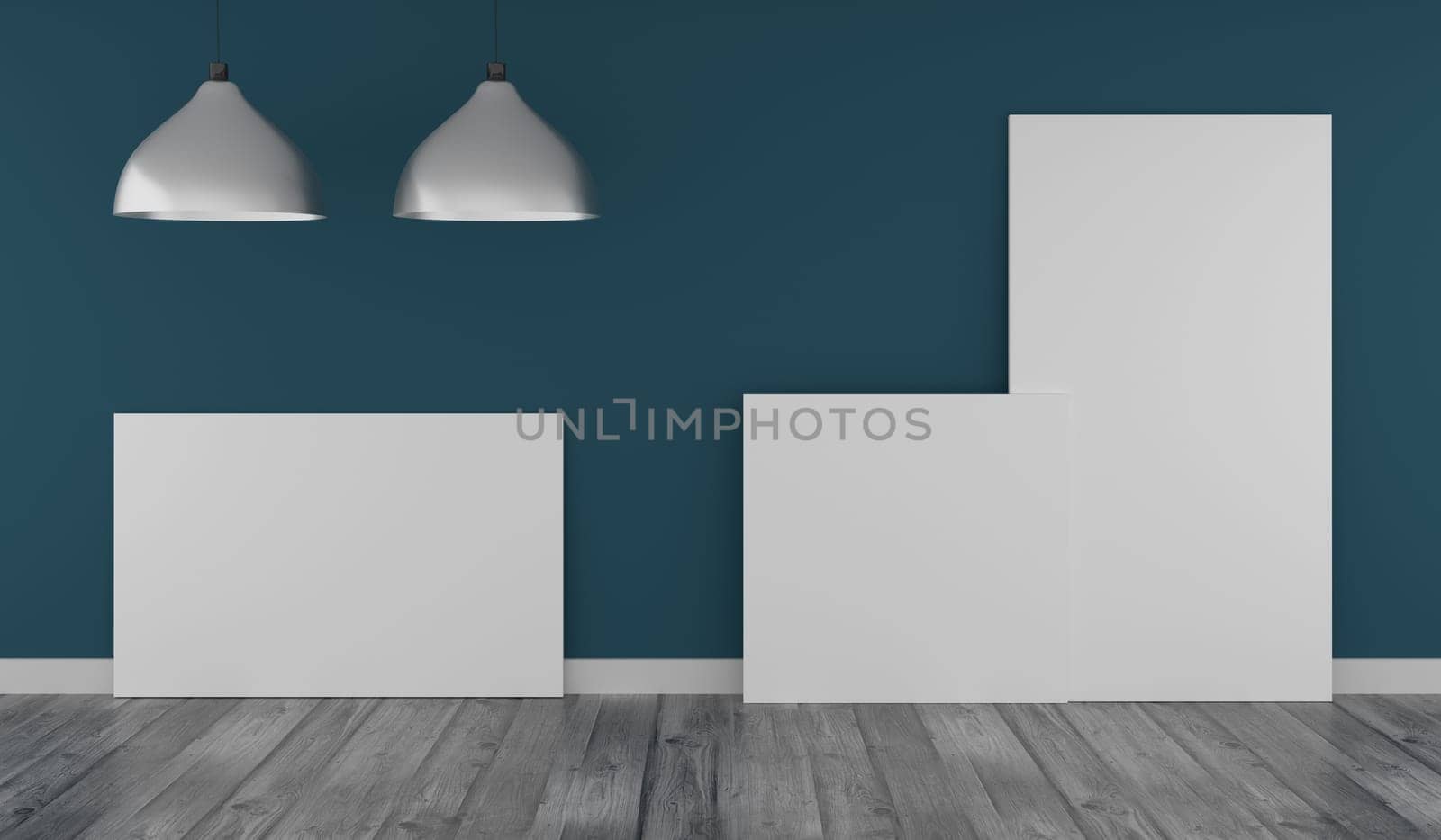 Three Mock up poster in a modern room with a wooden floor, 3d rendering