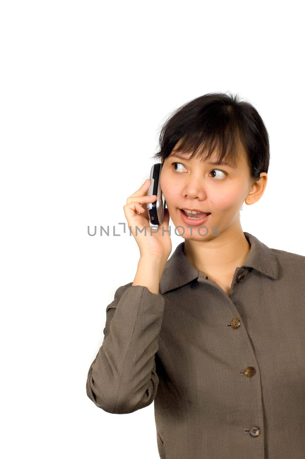 Pretty Asian Woman, Call with her cellphone and surprise