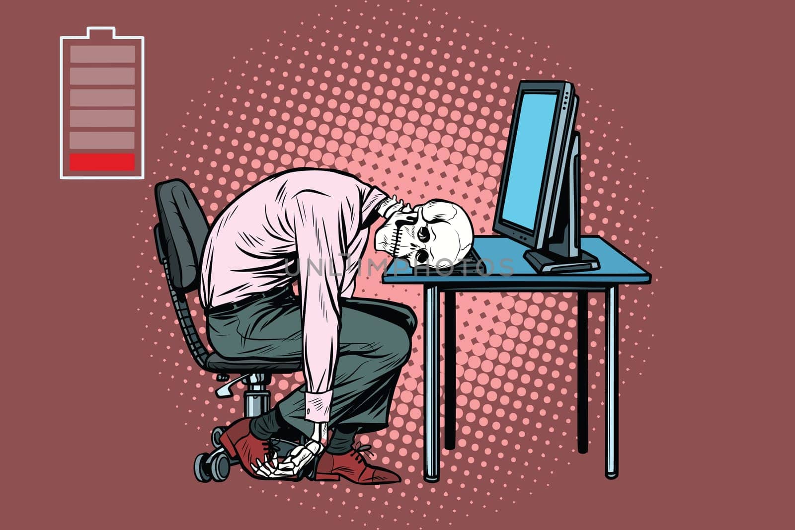 dead businessman skeleton at the computer. Pop art retro vector illustration