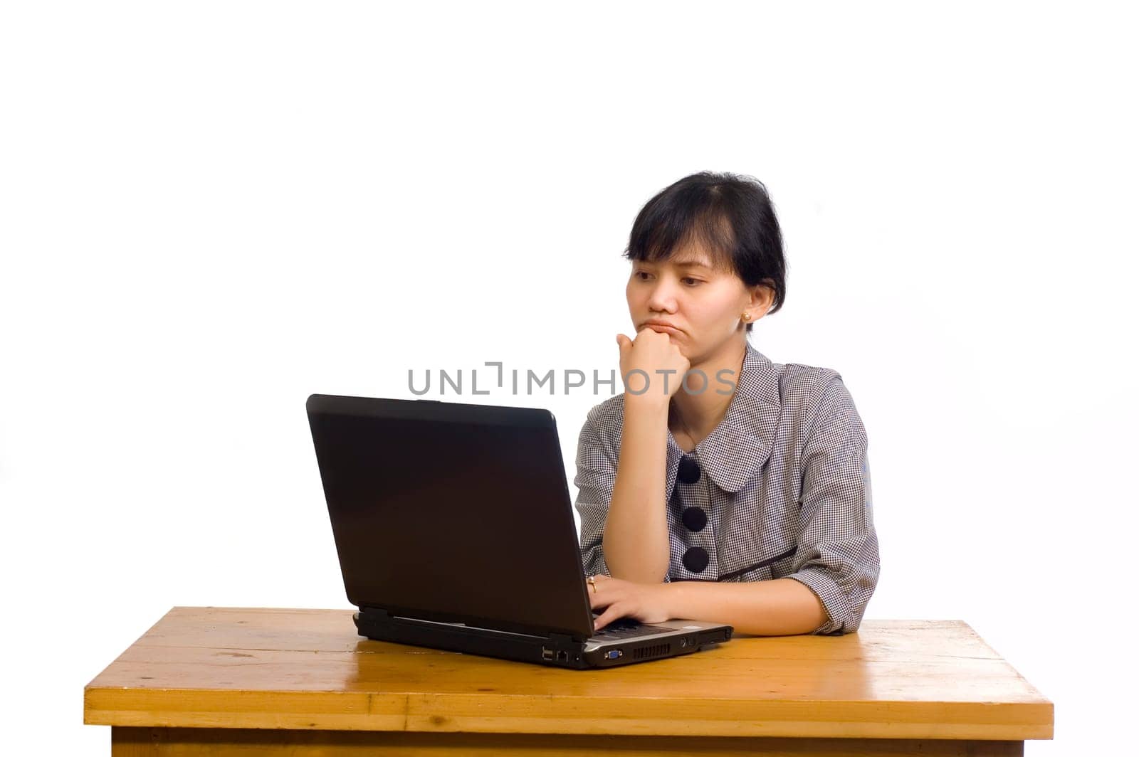 Beautiful asian business woman stress using laptop on white background