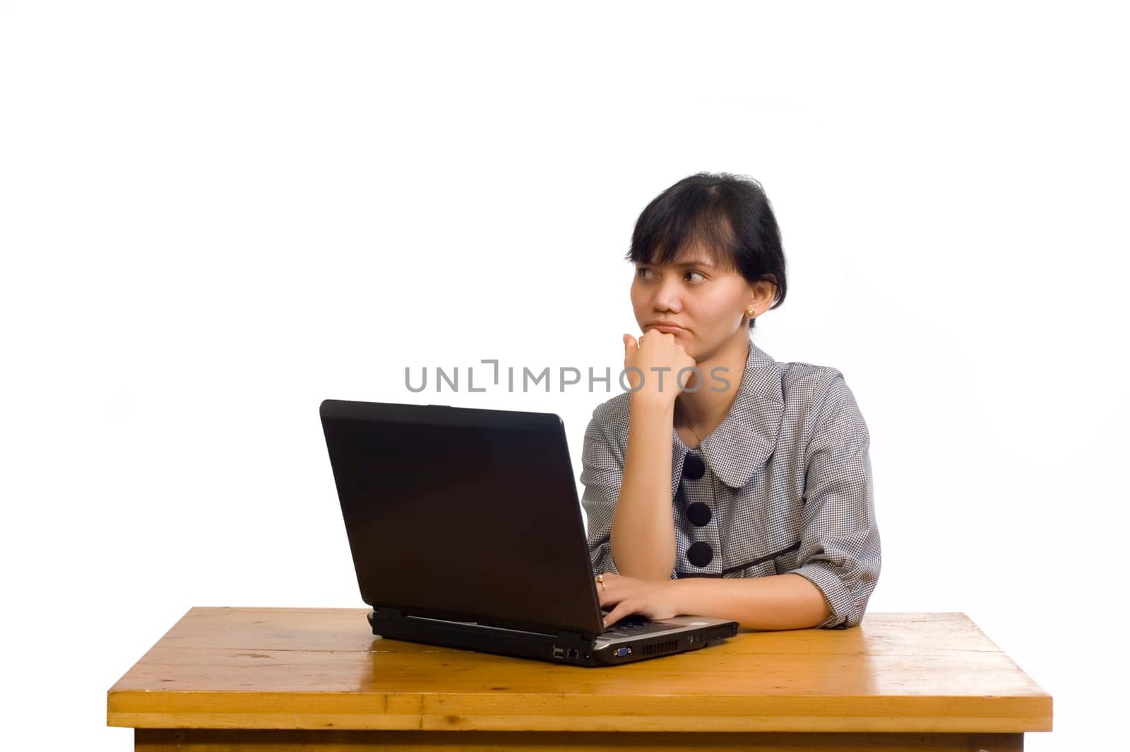 Beautiful asian business woman stress using laptop on white background