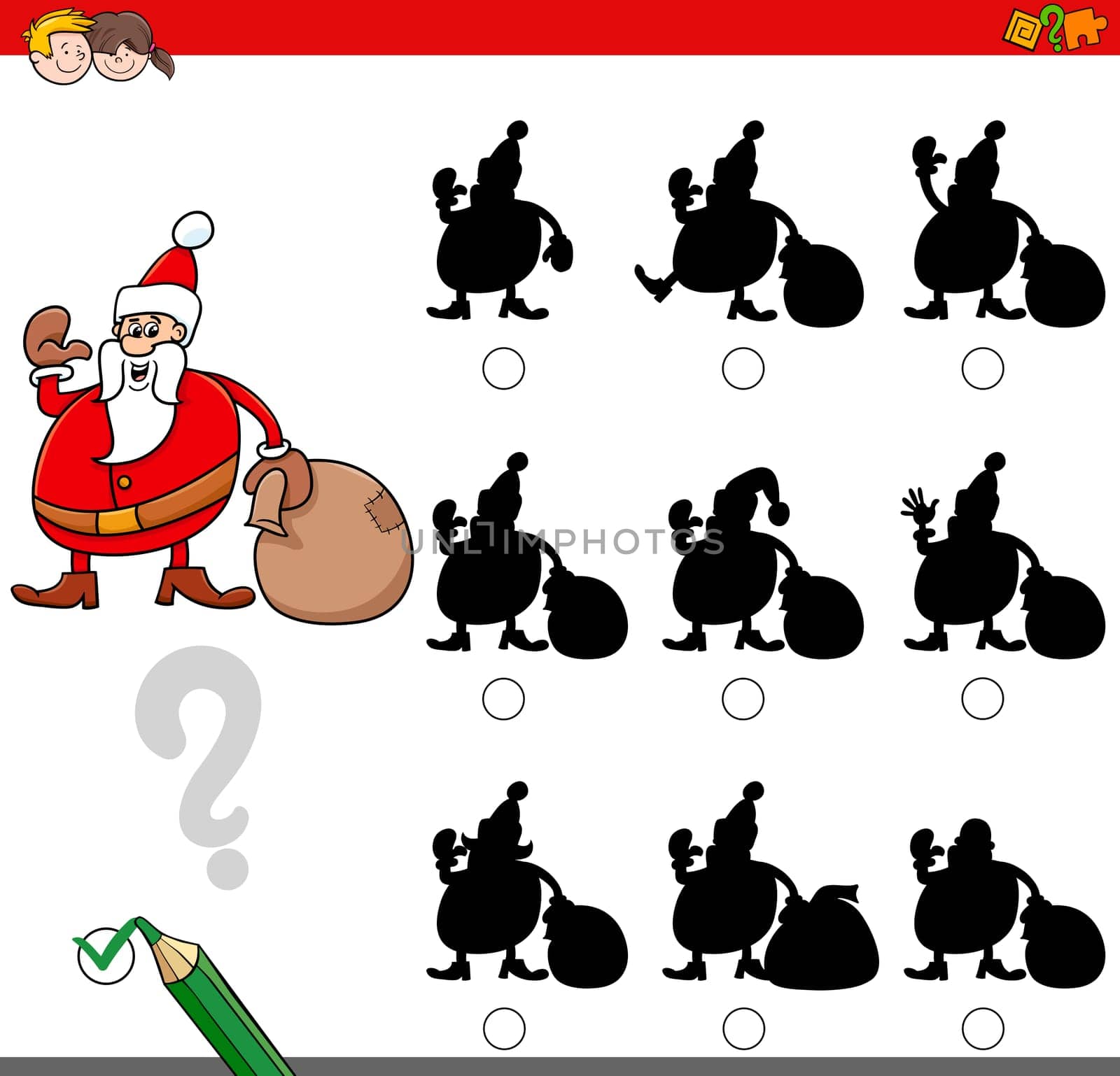 Cartoon Illustration of Finding the Right Shadow Educational Activity for Kids with Christmas Santa Holiday Character