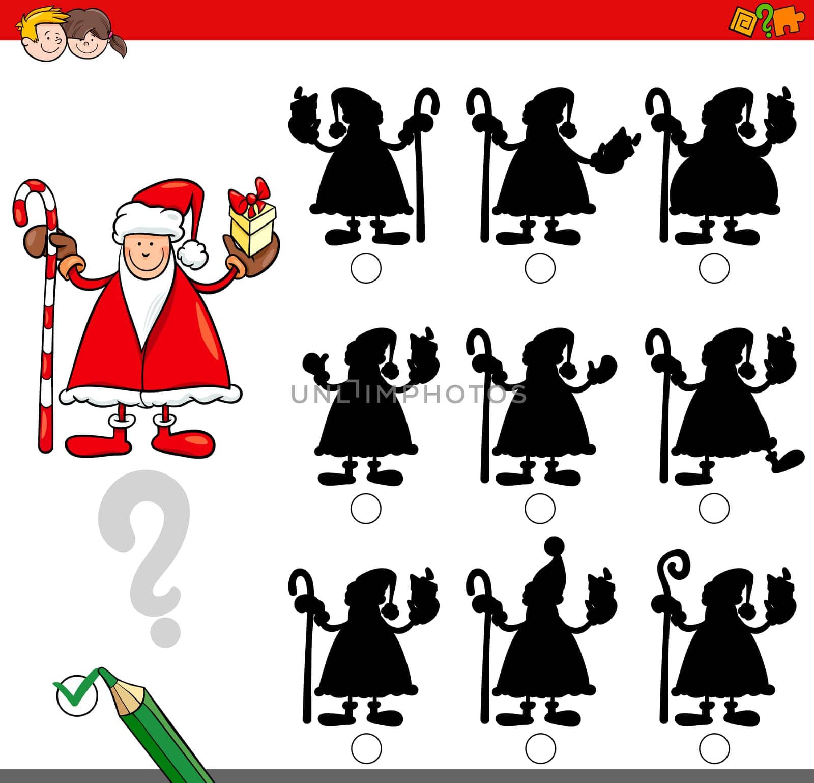 Cartoon Illustration of Finding the Right Shadow Educational Activity for Kids with Christmas Santa Holiday Character