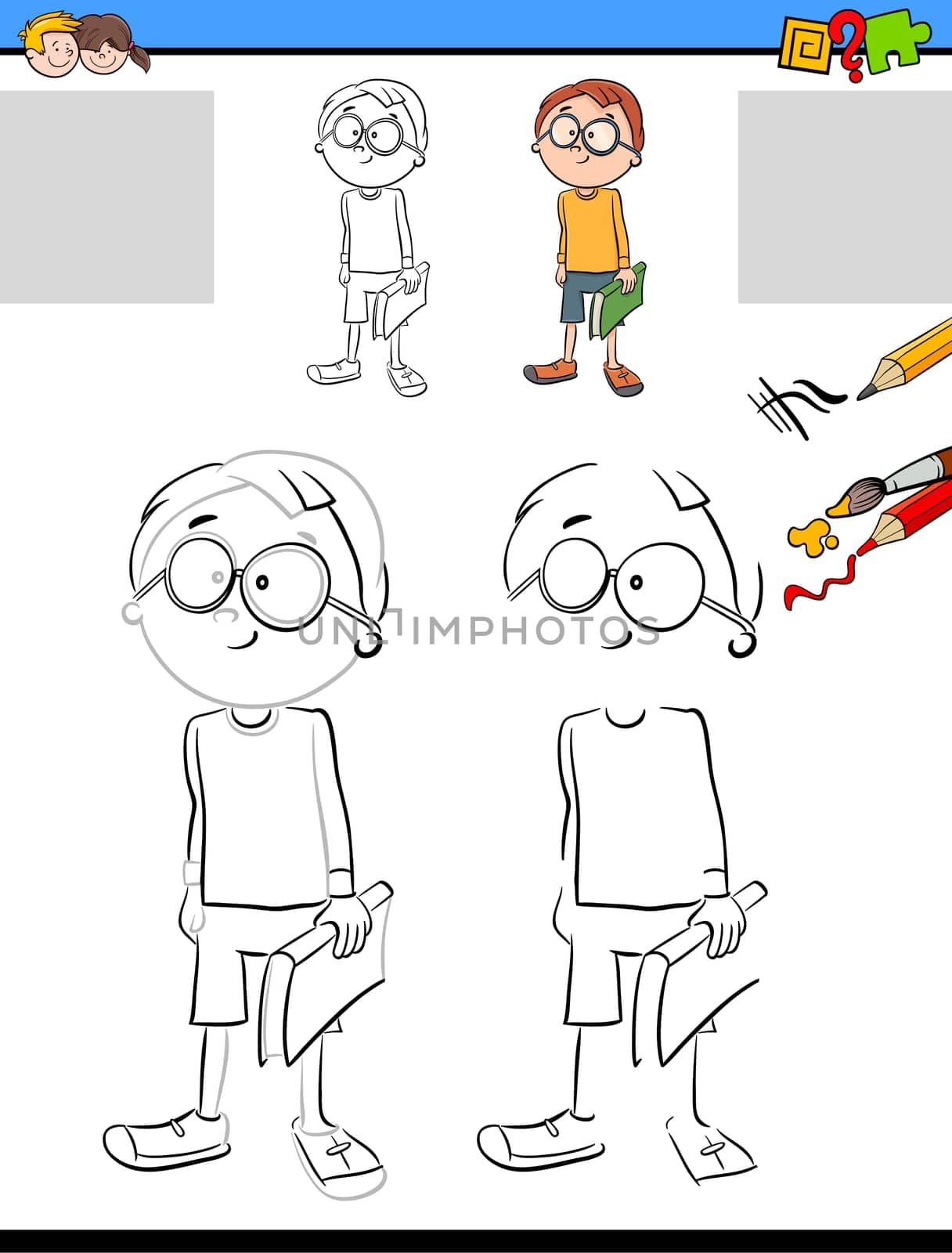 Cartoon Illustration of Drawing and Coloring Educational Activity for Children with Boy Character