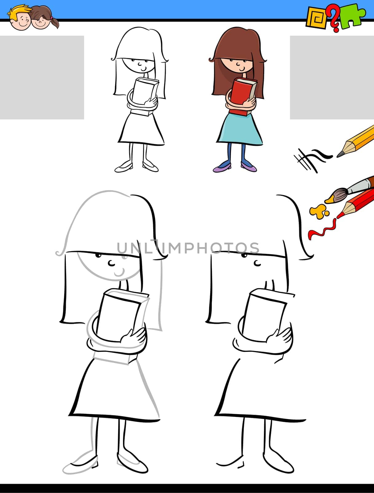 Cartoon Illustration of Drawing and Coloring Educational Activity for Children with Girl Character