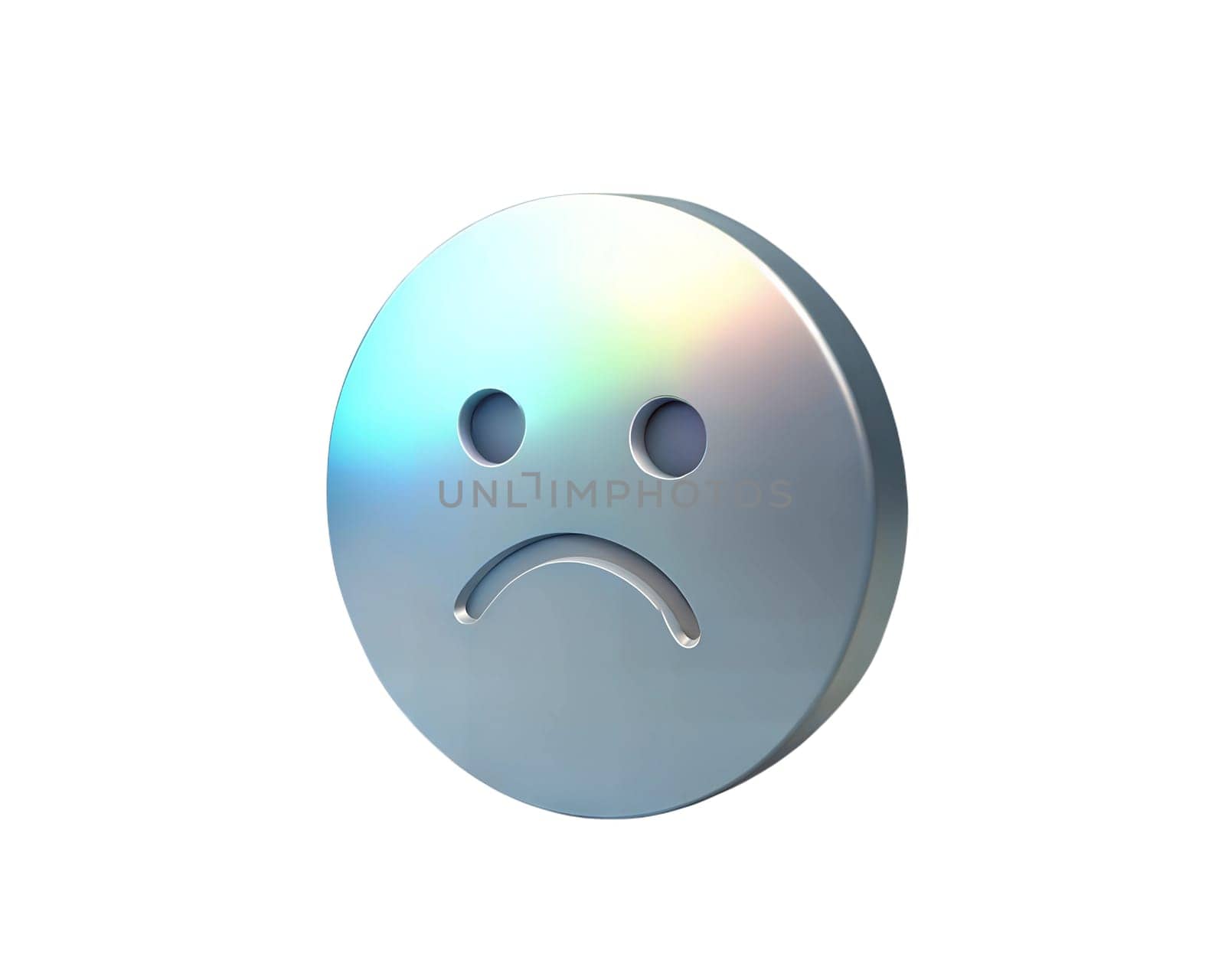 A modern holographic 3D icon representing a sad face, isolated on white background. This metallic design showcases a futuristic emotion symbol, perfect for digital, graphic design, and emotive content.