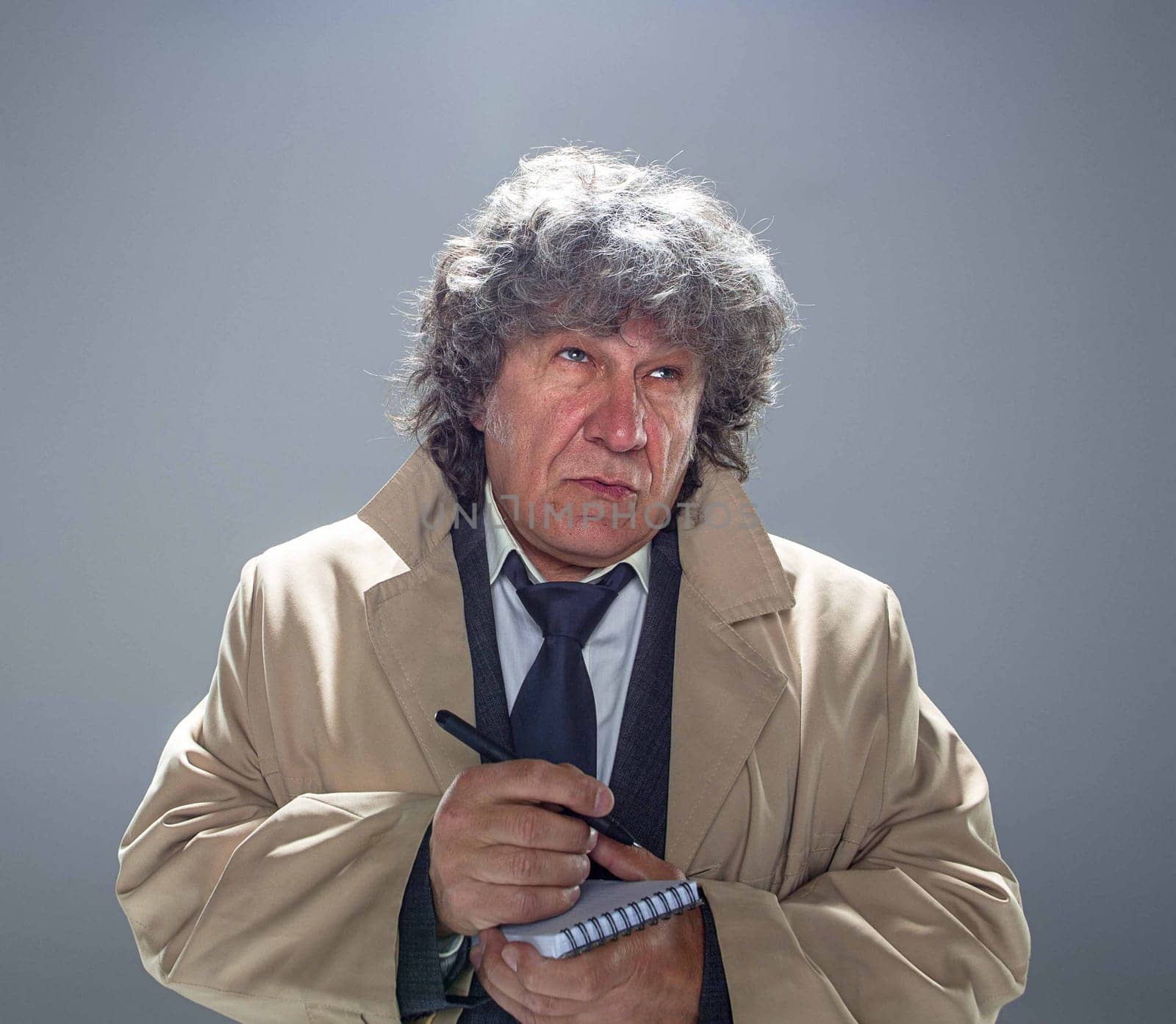 The senior man in cloak as detective or mafia boss writing in a notebook with pen. Studio shot on gray in retro stile
