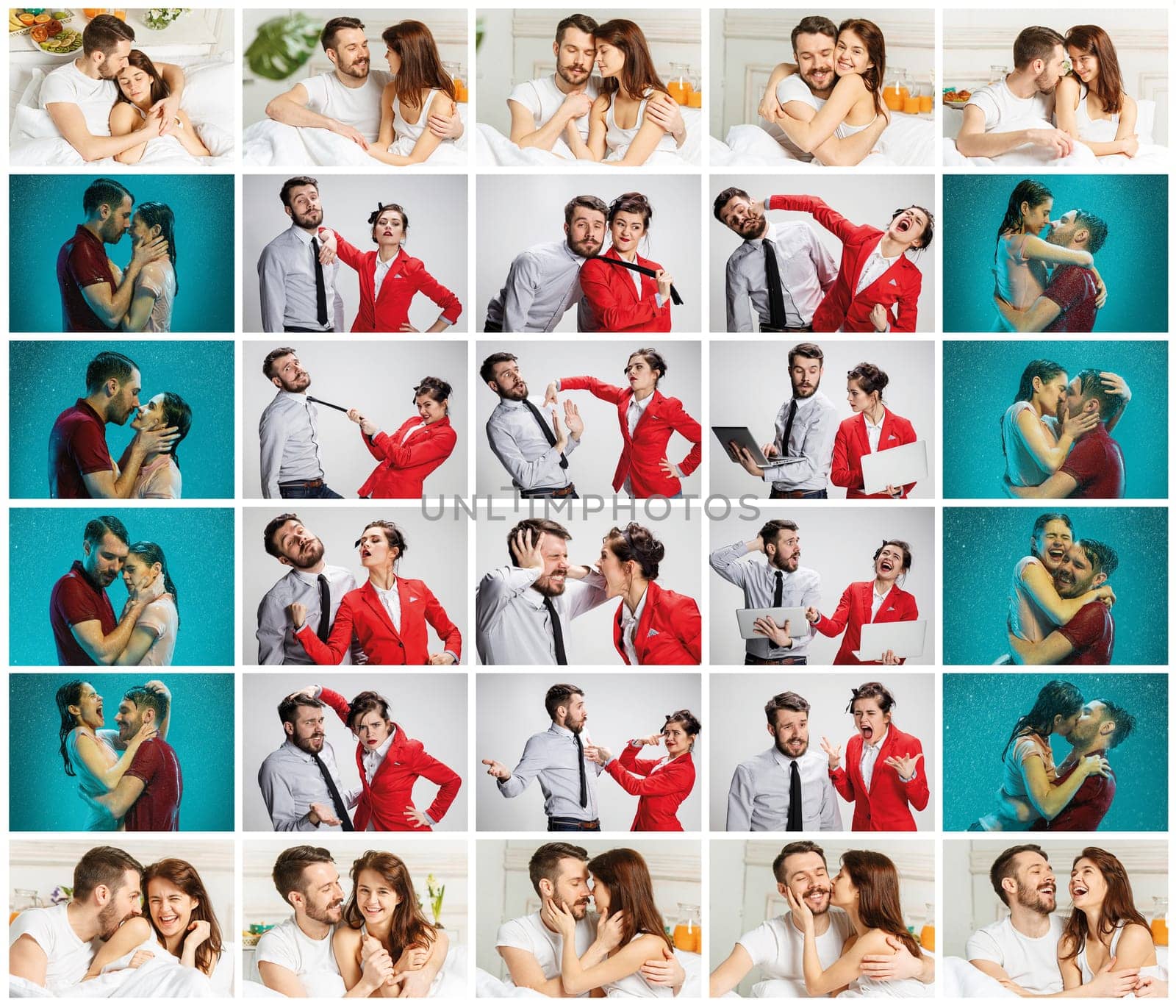 The collage about lifestile of young businessman and businesswoman with different emotions at work and at home. Love and career concept