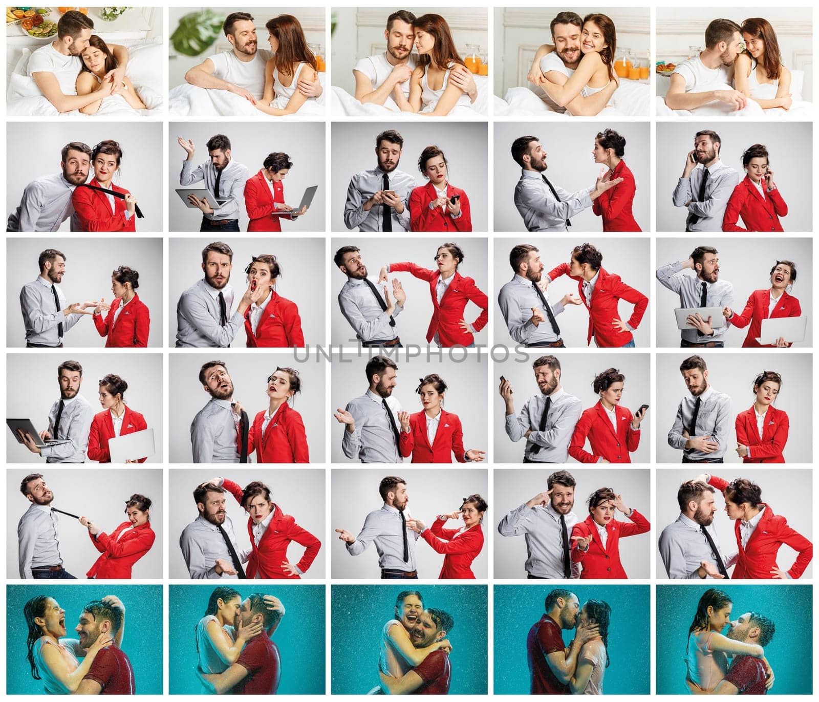 The collage about lifestile of young businessman and businesswoman with different emotions at work and at home. Love and career concept
