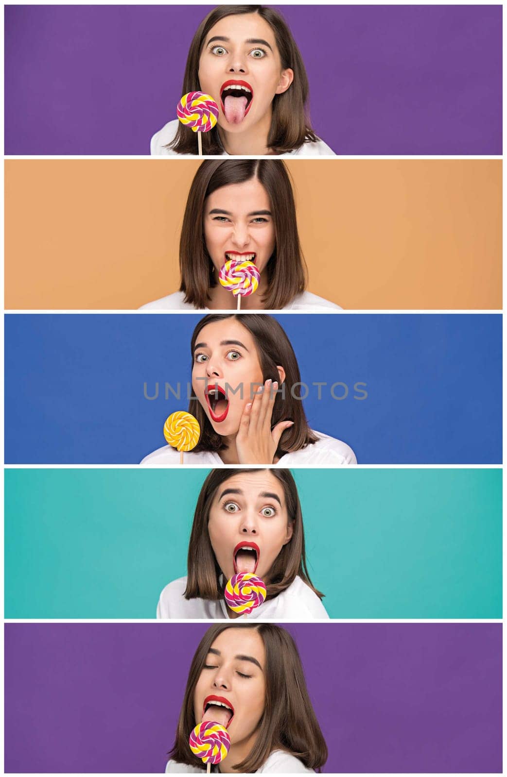 The collage from images of young woman with the colorful lollipop at different colorful background at studio