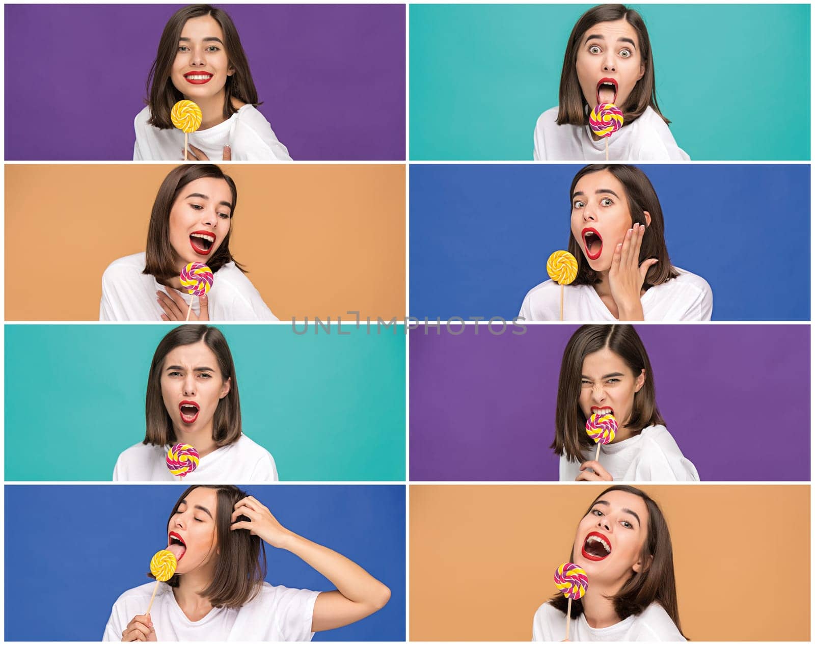 The collage from images of young woman with the colorful lollipop at different colorful background at studio