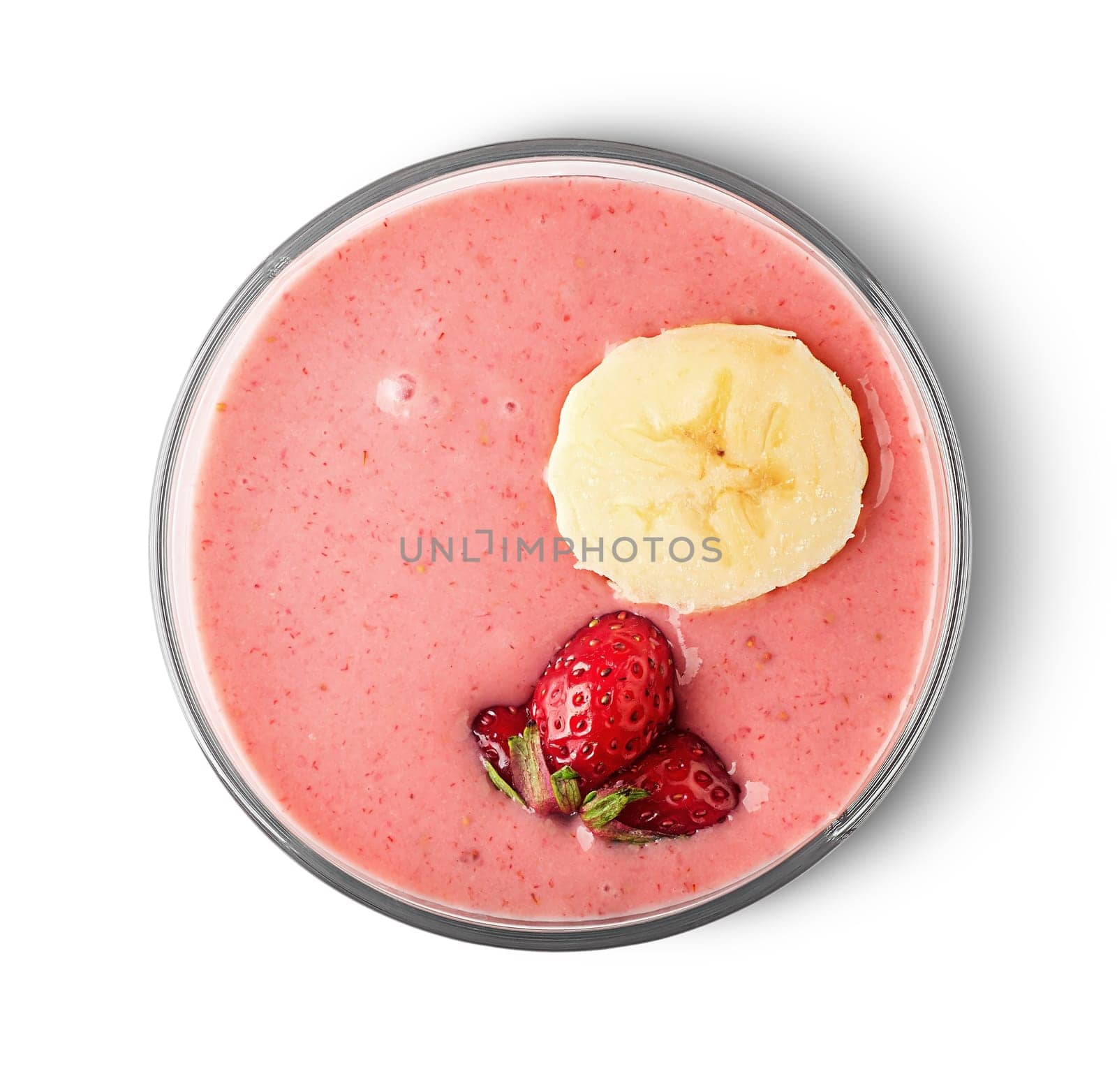 Banana strawberry smoothies top view isolated on white background