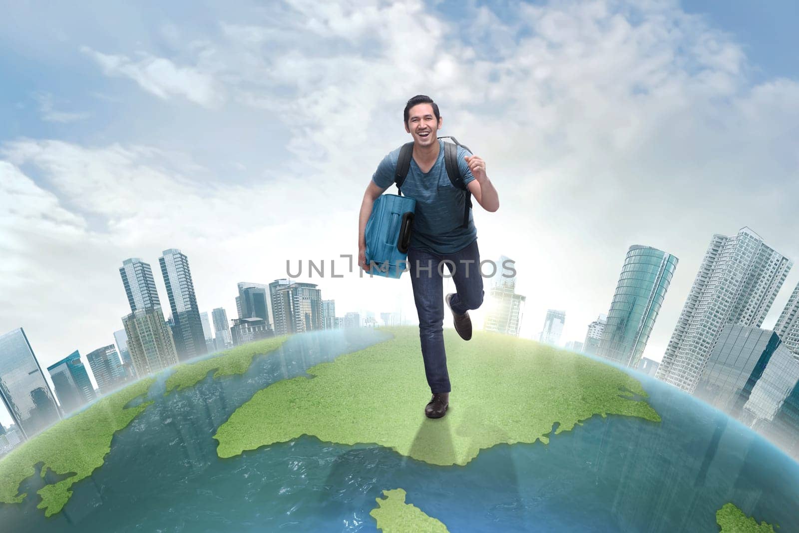 Handsome asian backpacker going trip to next destination on the world