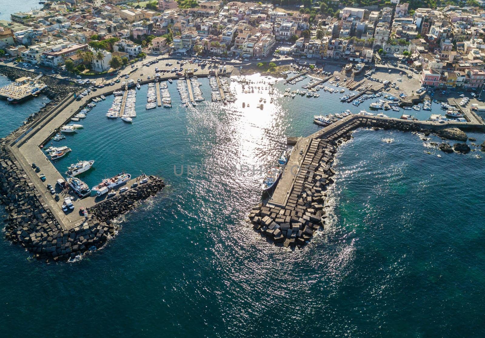 Aerial view of the beautiful marina in Acitrezza, Sicily