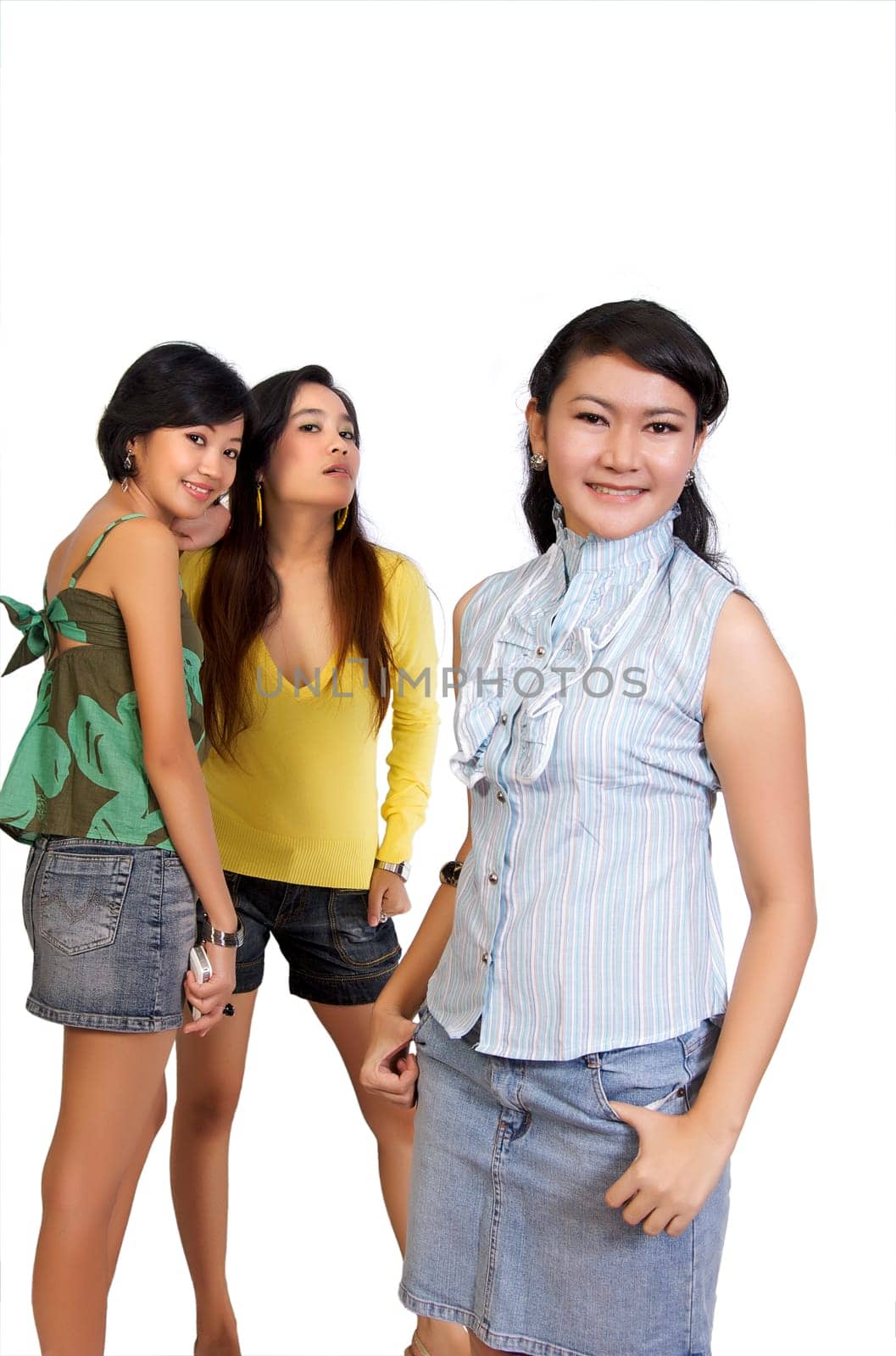 Two Girls Are gossiping behind a girl back, shoot in white background