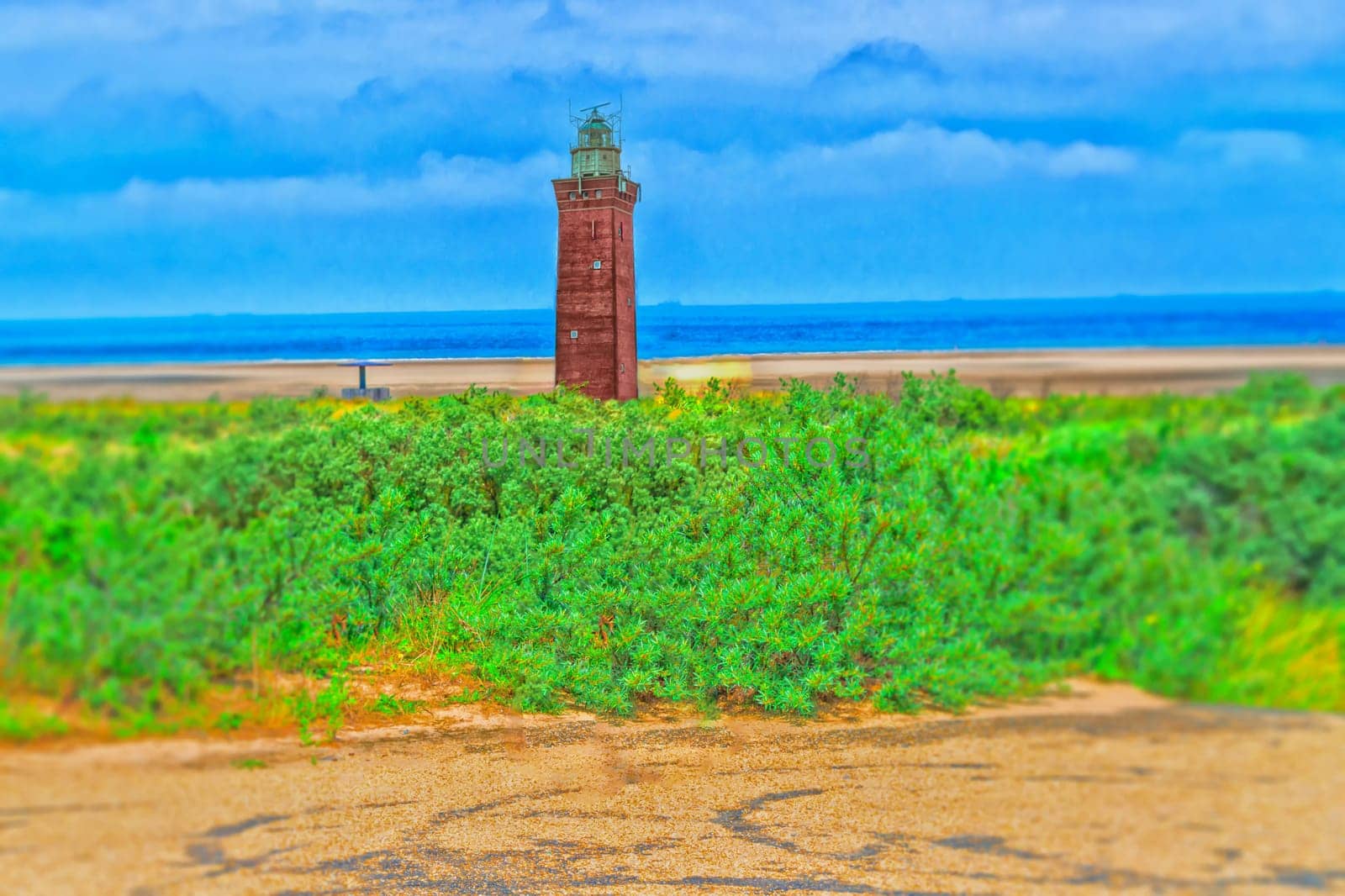 Artistic work by myself. Deliberate blurring in this design. Old postcard.. Dune panorama on the North Sea coast in Holland with dramatic skies.