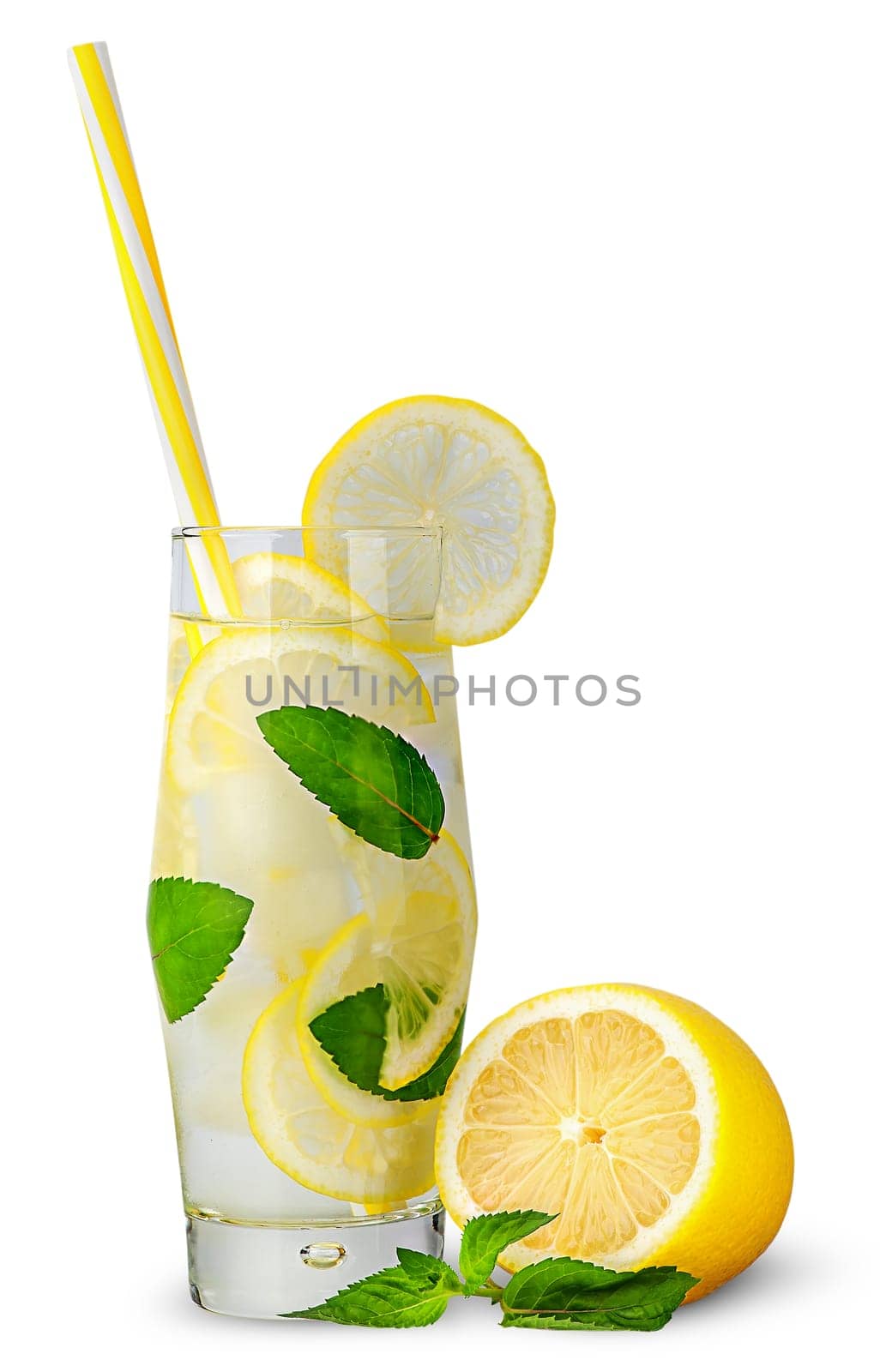 Glass of lemonade with straw isolated on white background