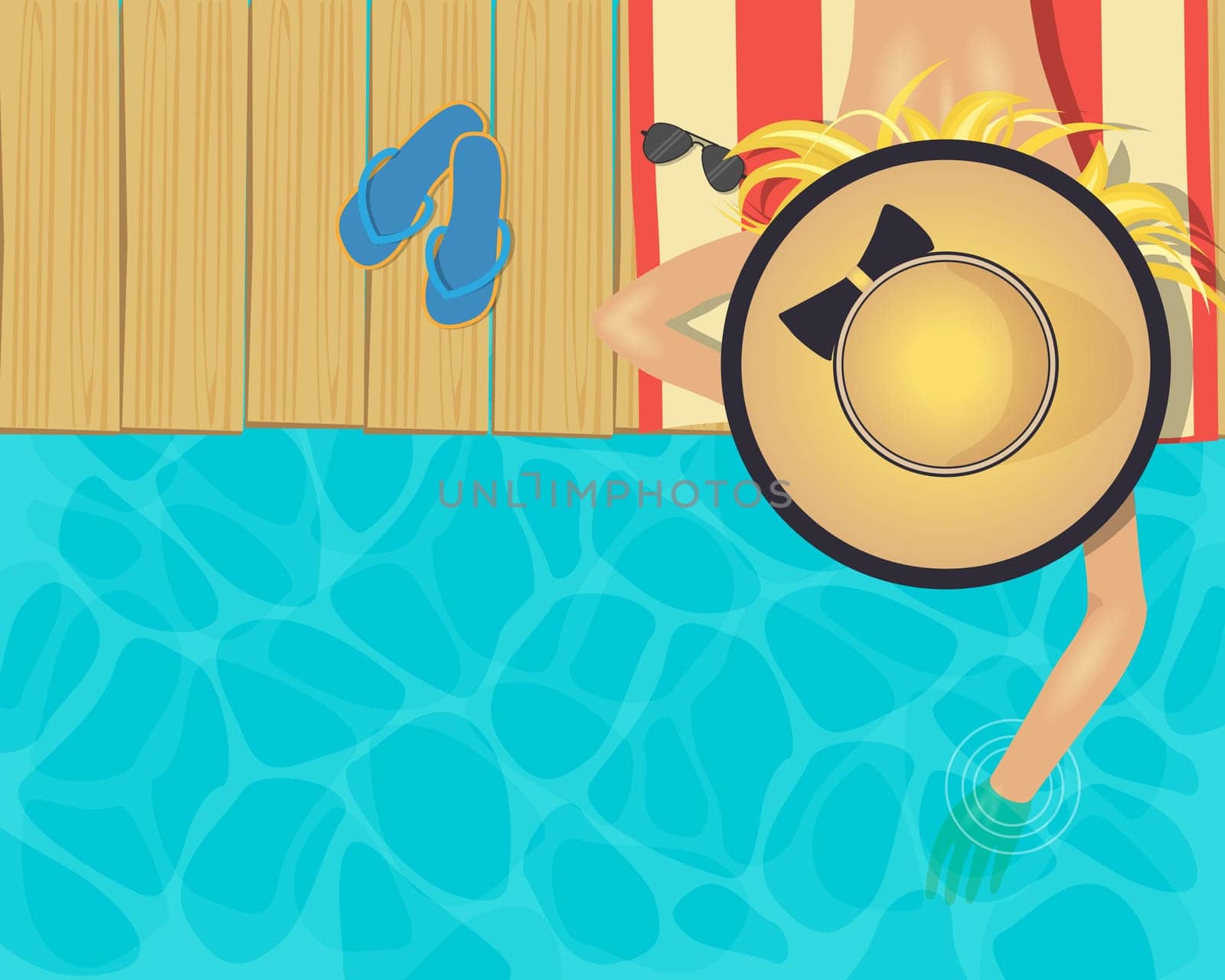 Woman lying on a pier wearing a big hat, touching the water with one hand