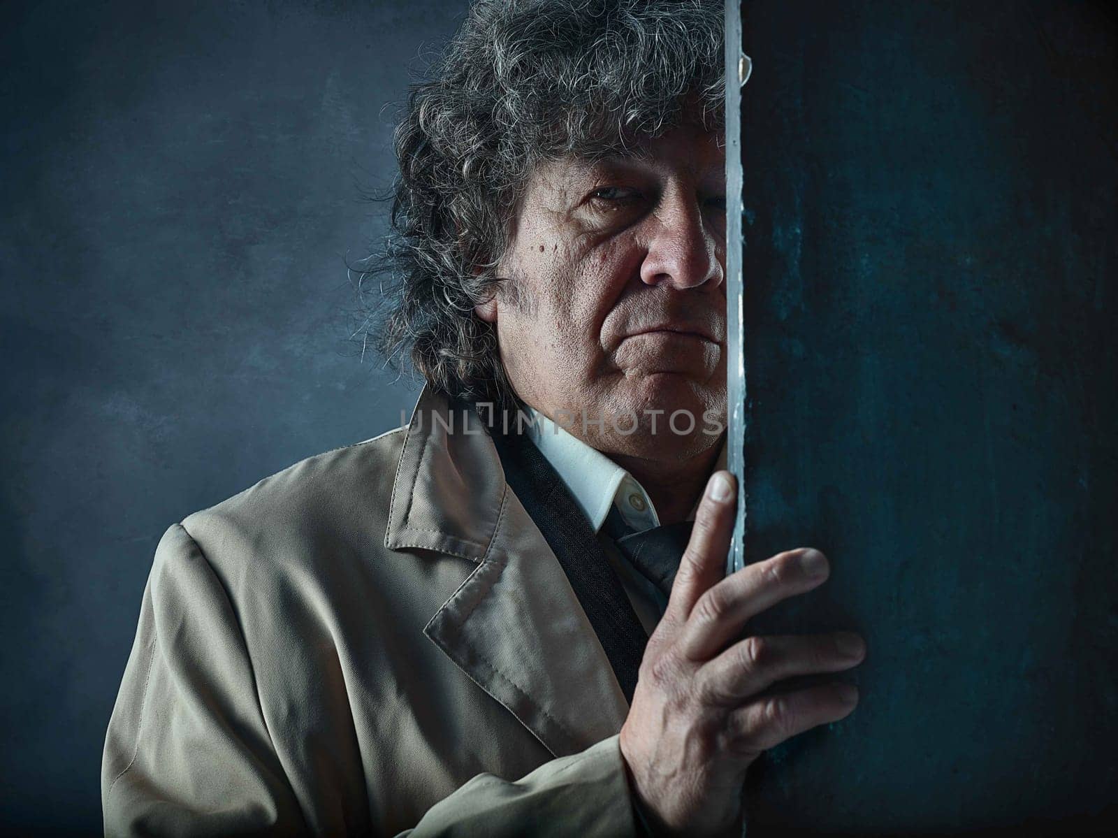 The senior man in cloak as detective or mafia boss. Studio shot on gray in retro stile