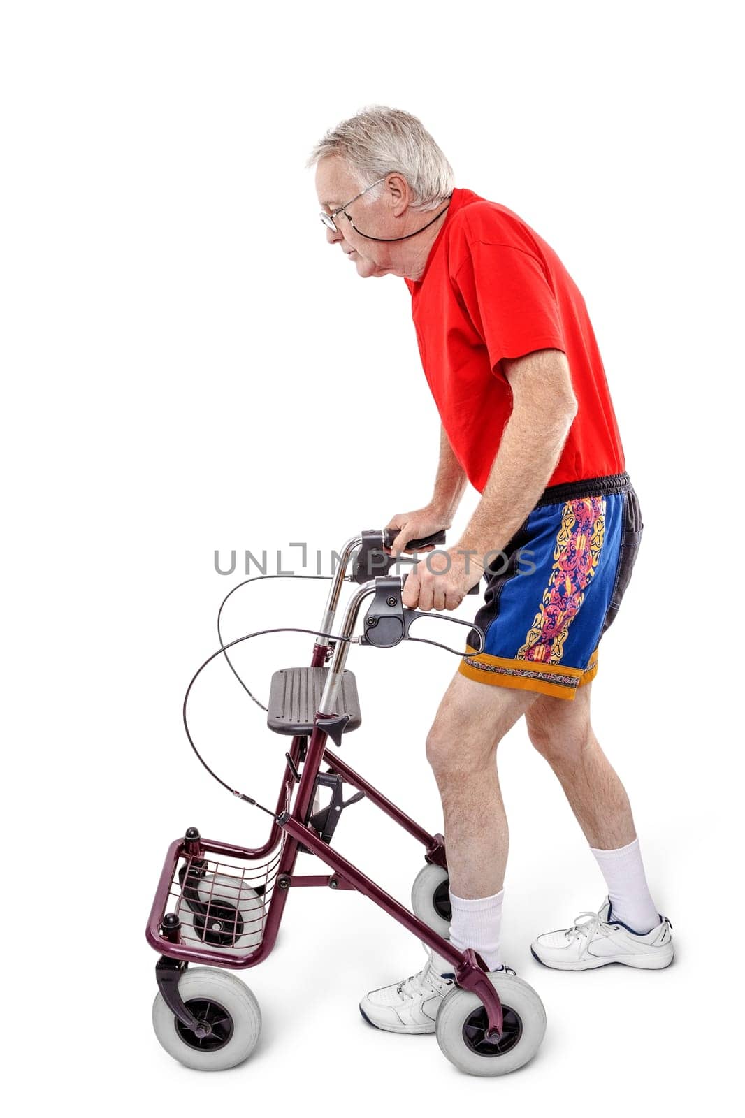 Sick old man walking with a walker