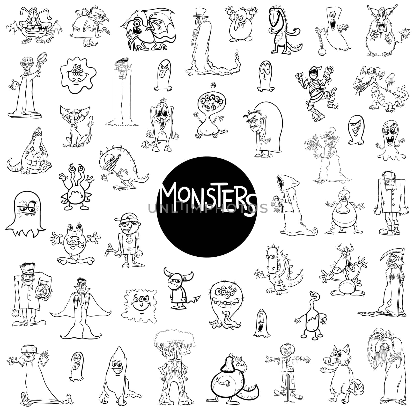 Black and White Cartoon Illustration of Monsters Fantasy Characters Huge Set