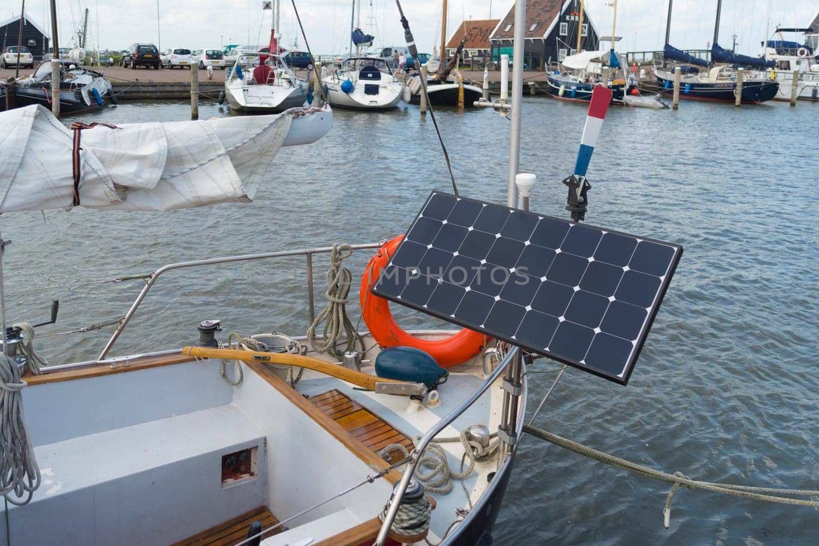 modern sailing yacht with solar panel on the bow