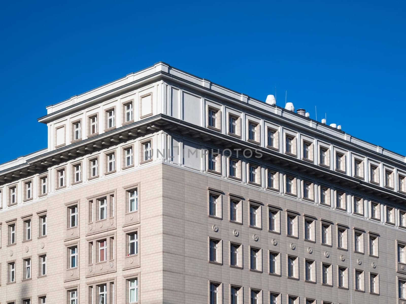 Berlin Frankfurter Allee/ Kark-Marx-Allee Block F. Socialist architecture in East Berlin. Residential building built in the fifties in the street Frankfurter Allee/Karl Marx Allee (former Stalin Allee in the GDR). Since 13 November 1961 it has been called Karl-Marx-Allee.