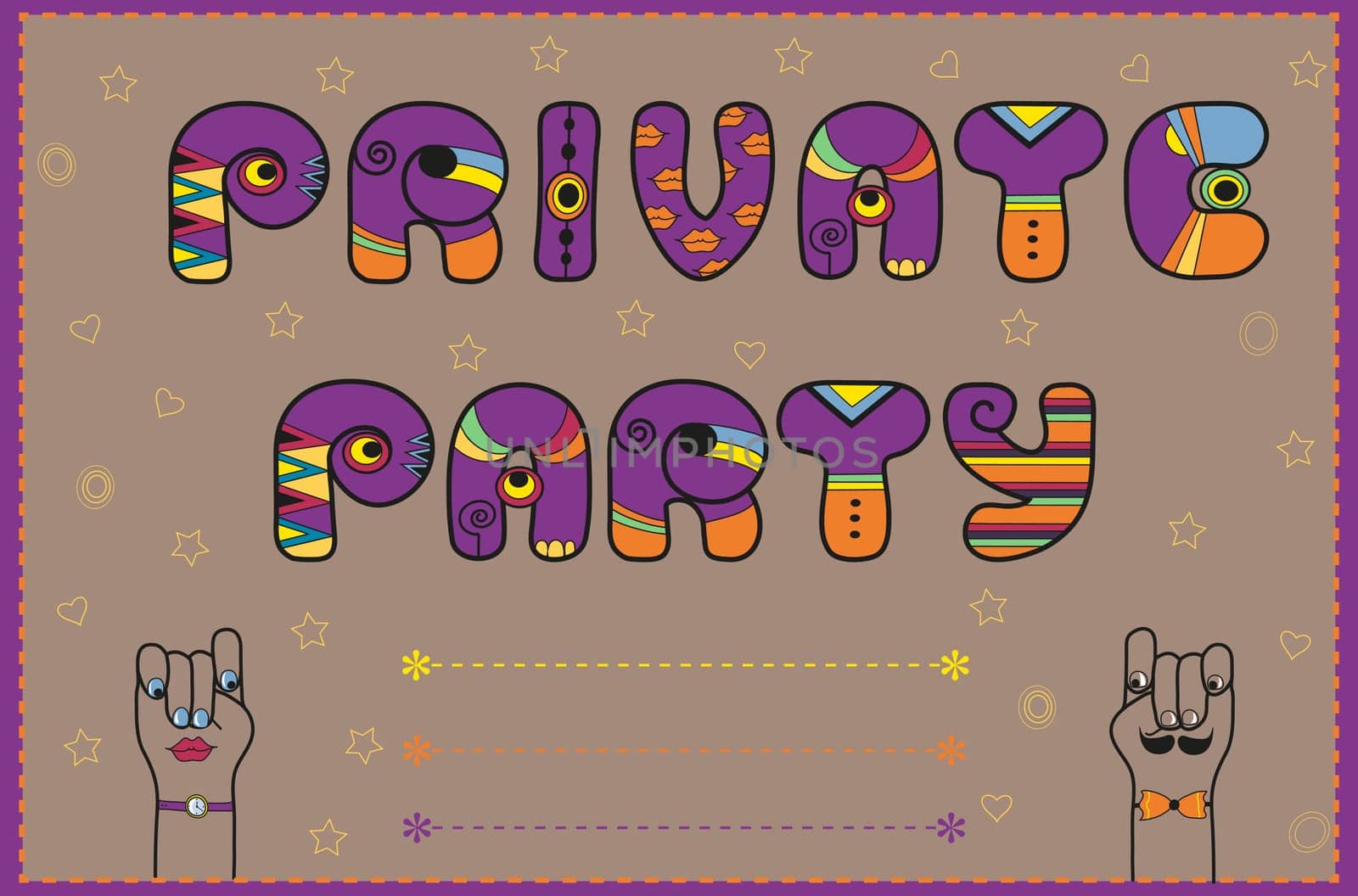 Inscription Private Party. Funny invitation. Vintage card. Purple and orange letters. Cartoon hands looking at each other. Yellow stars and hearts. Place for custom text.  Illustration