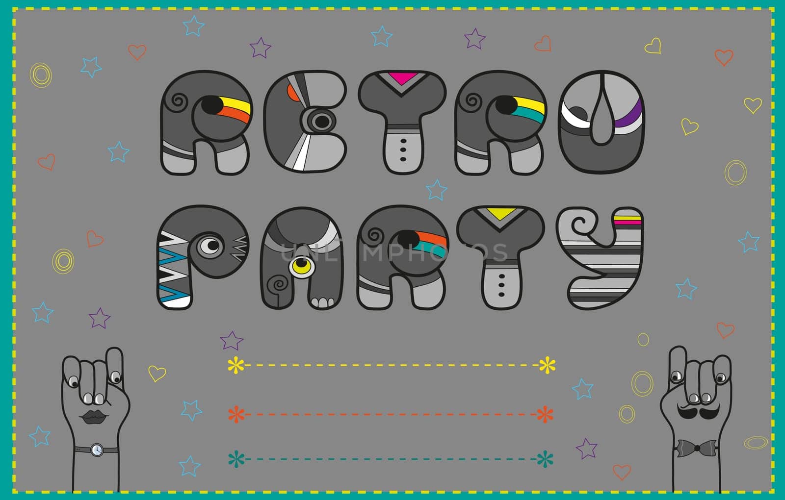 Inscription Retro Party. Funny invitation. Vintage card. Gray letters. Cartoon hands looking at each other. Colorful stars and hearts. Place for custom text.  Illustration.